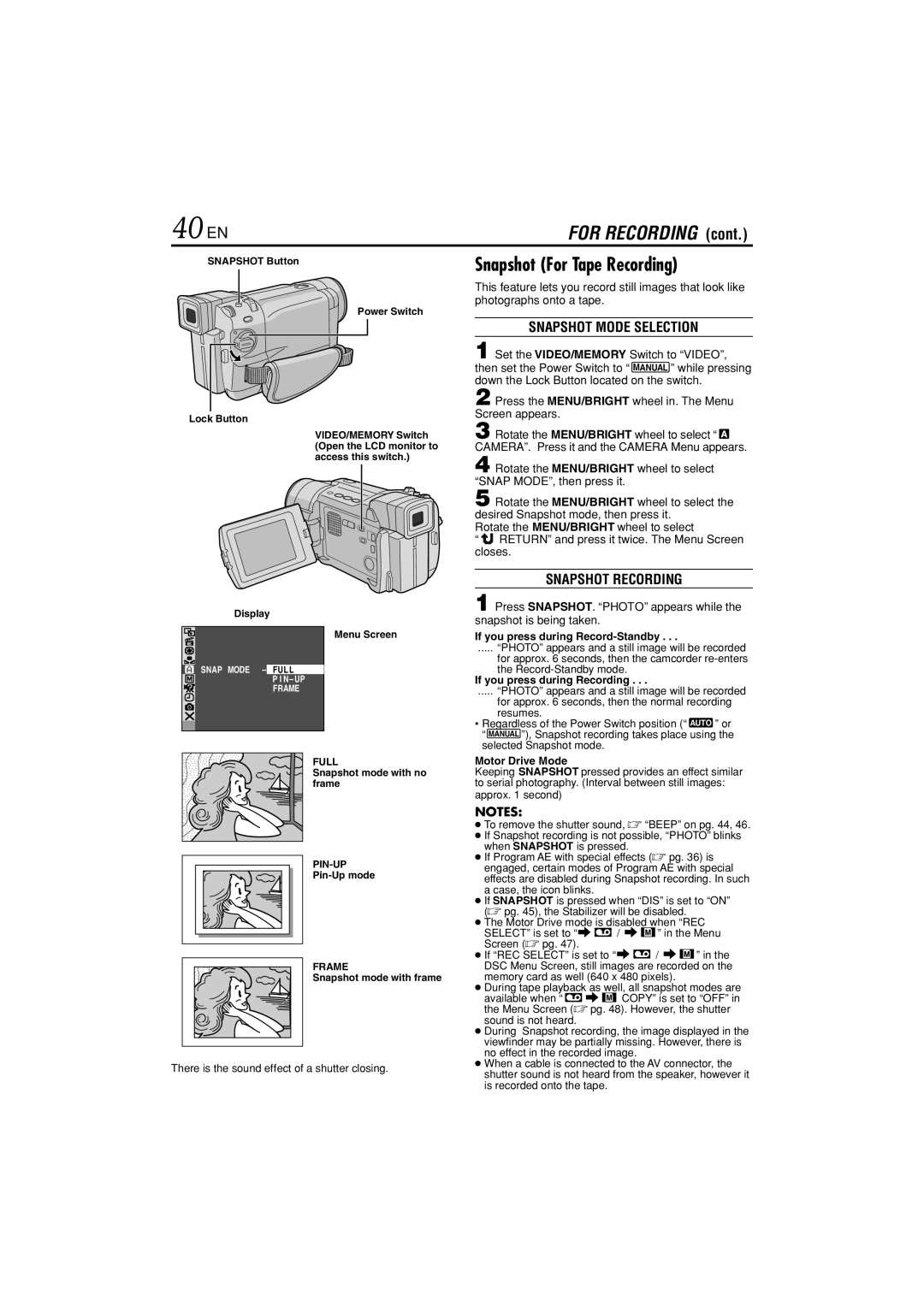 JVC GR-DVL822U specifications 40 EN, Snapshot For Tape Recording, Snapshot Mode Selection, Snapshot Recording 