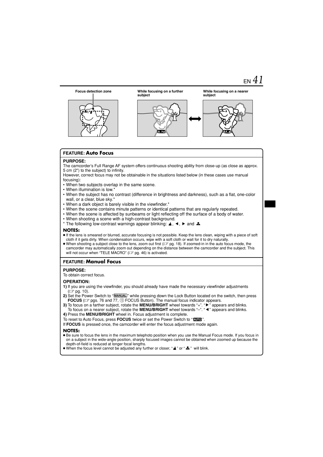 JVC GR-DVL822U specifications To obtain correct focus, Focus detection zone, Subject, While focusing on a nearer subject 