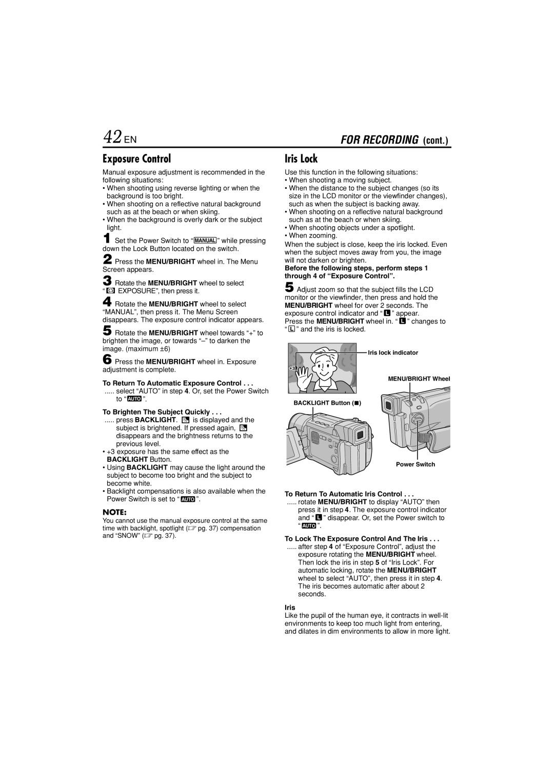 JVC GR-DVL822U specifications 42 EN, Exposure Control, Iris Lock 