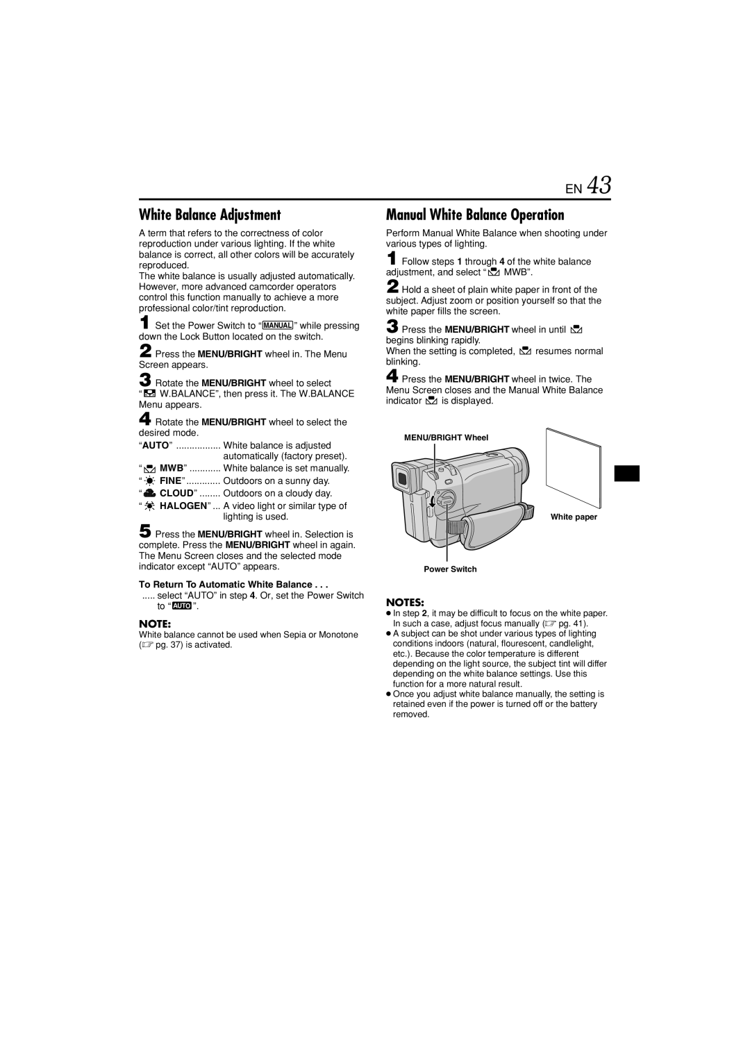 JVC GR-DVL822U White Balance Adjustment, Manual White Balance Operation, To Return To Automatic White Balance 