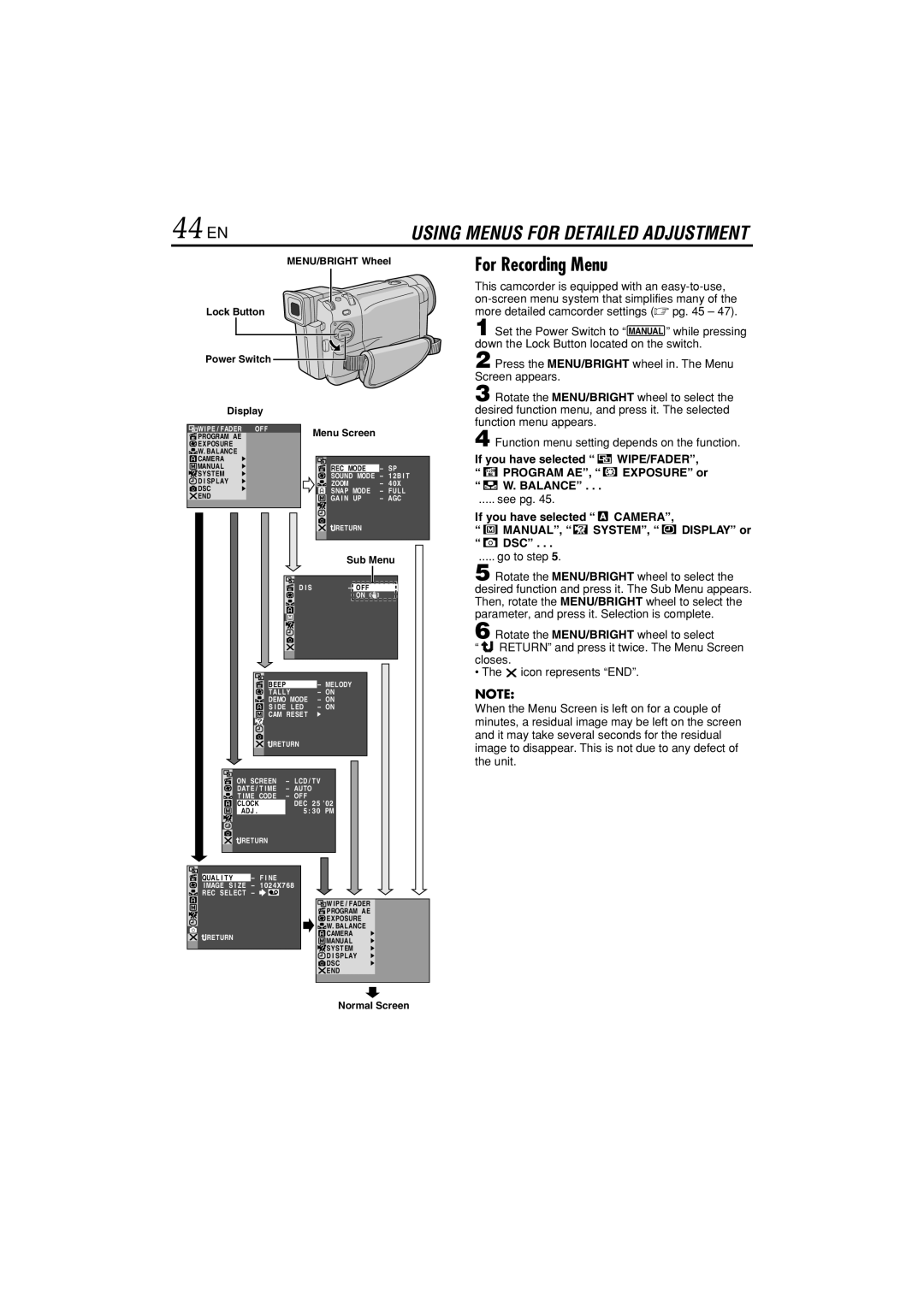 JVC GR-DVL822U 44 EN, For Recording Menu, See pg, If you have selected Camera MANUAL, SYSTEM, Display or DSC, Go to step 