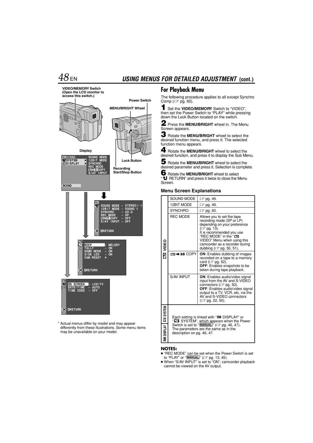 JVC GR-DVL822U specifications 48 EN, For Playback Menu, Following procedure applies to all except Synchro Comp  pg 