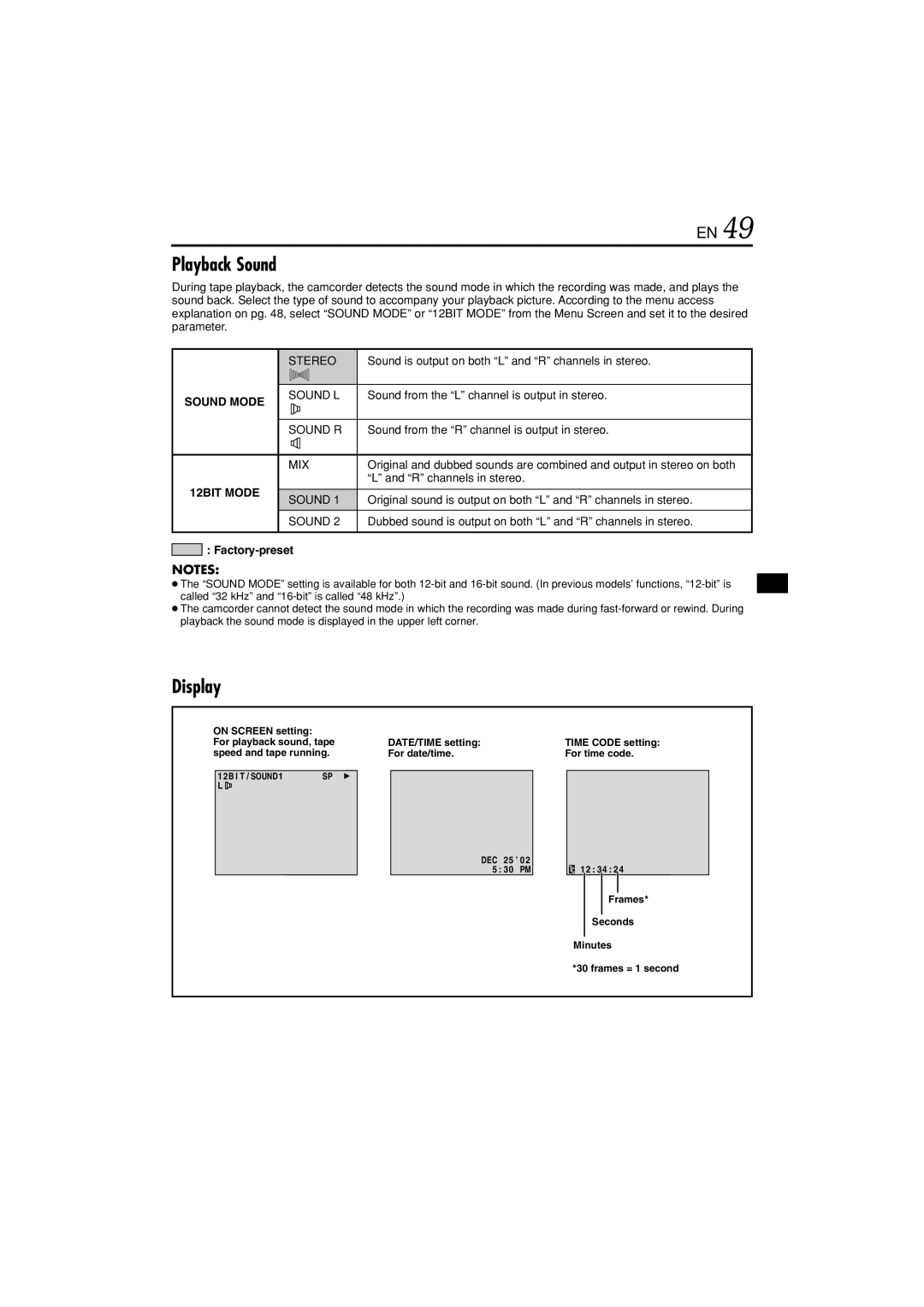 JVC GR-DVL822U specifications Playback Sound, Display 