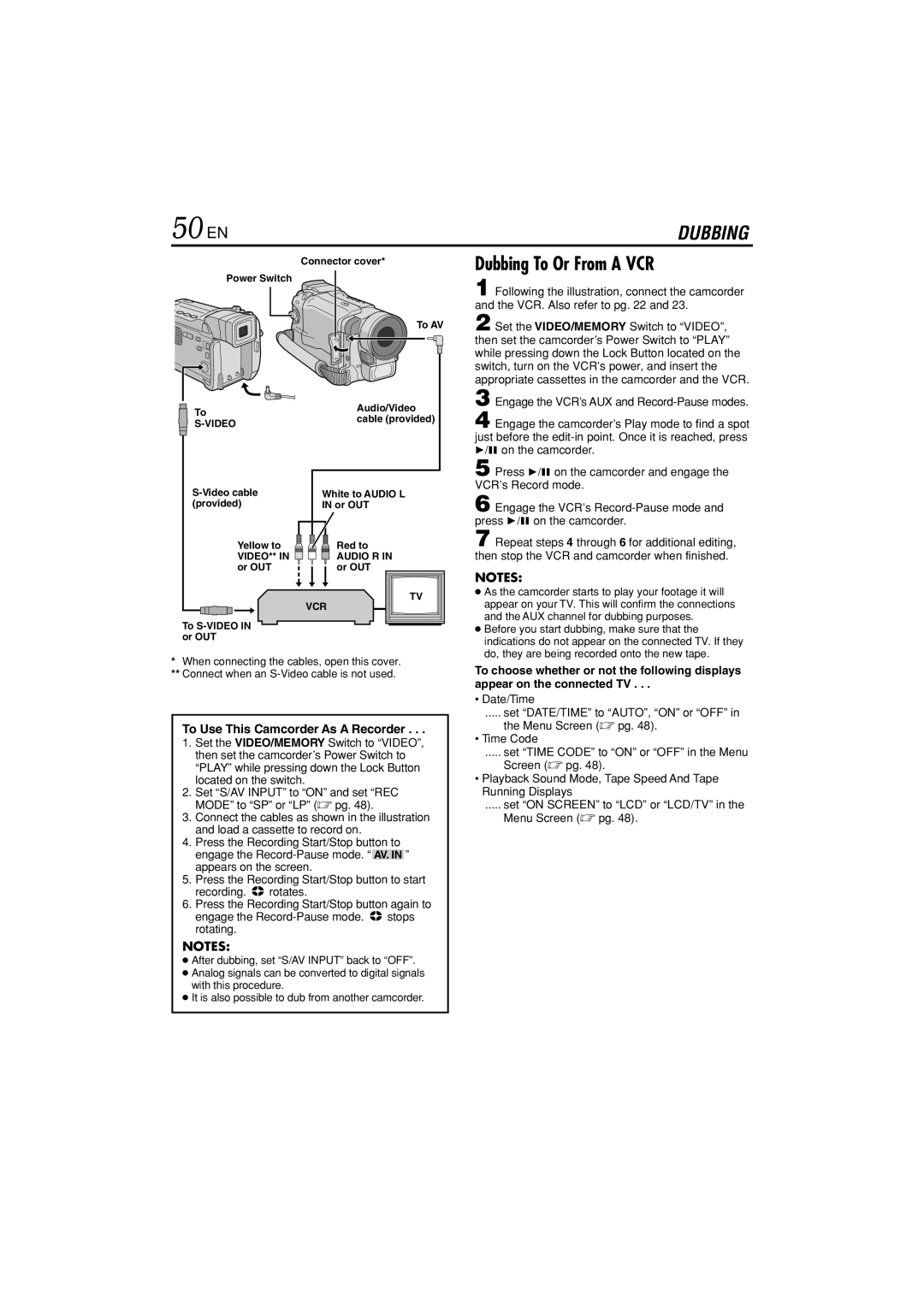 JVC GR-DVL822U specifications 50 EN, Dubbing To Or From a VCR 