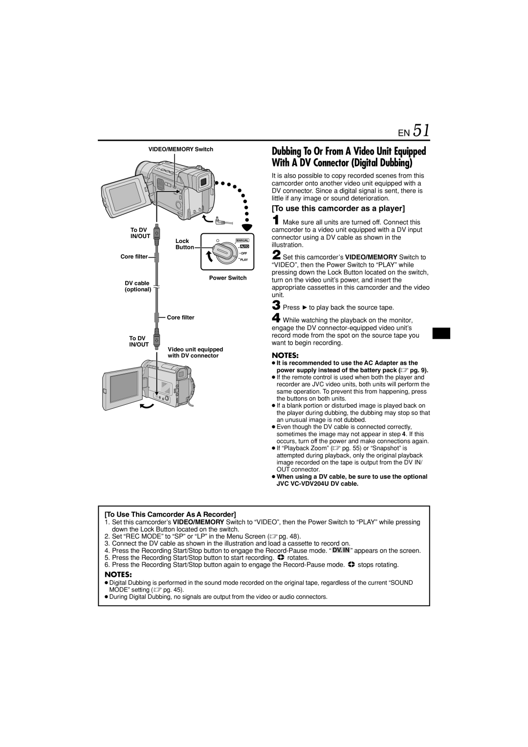 JVC GR-DVL822U specifications To use this camcorder as a player 