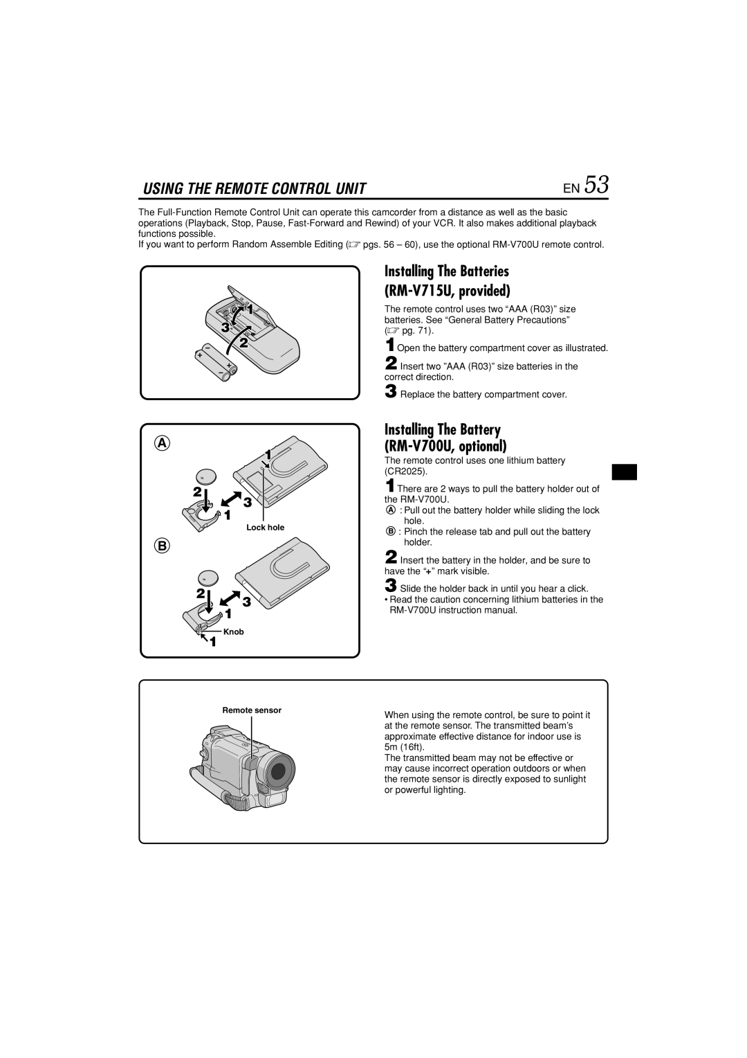 JVC GR-DVL822U specifications Lock hole, Knob Remote sensor 