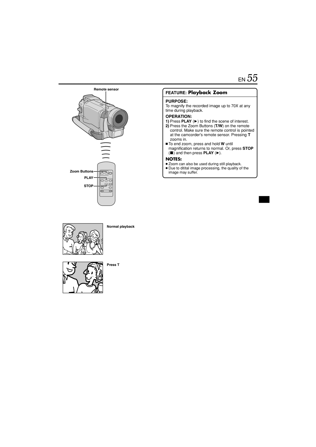 JVC GR-DVL822U specifications Remote sensor Zoom Buttons, Normal playback Press T 