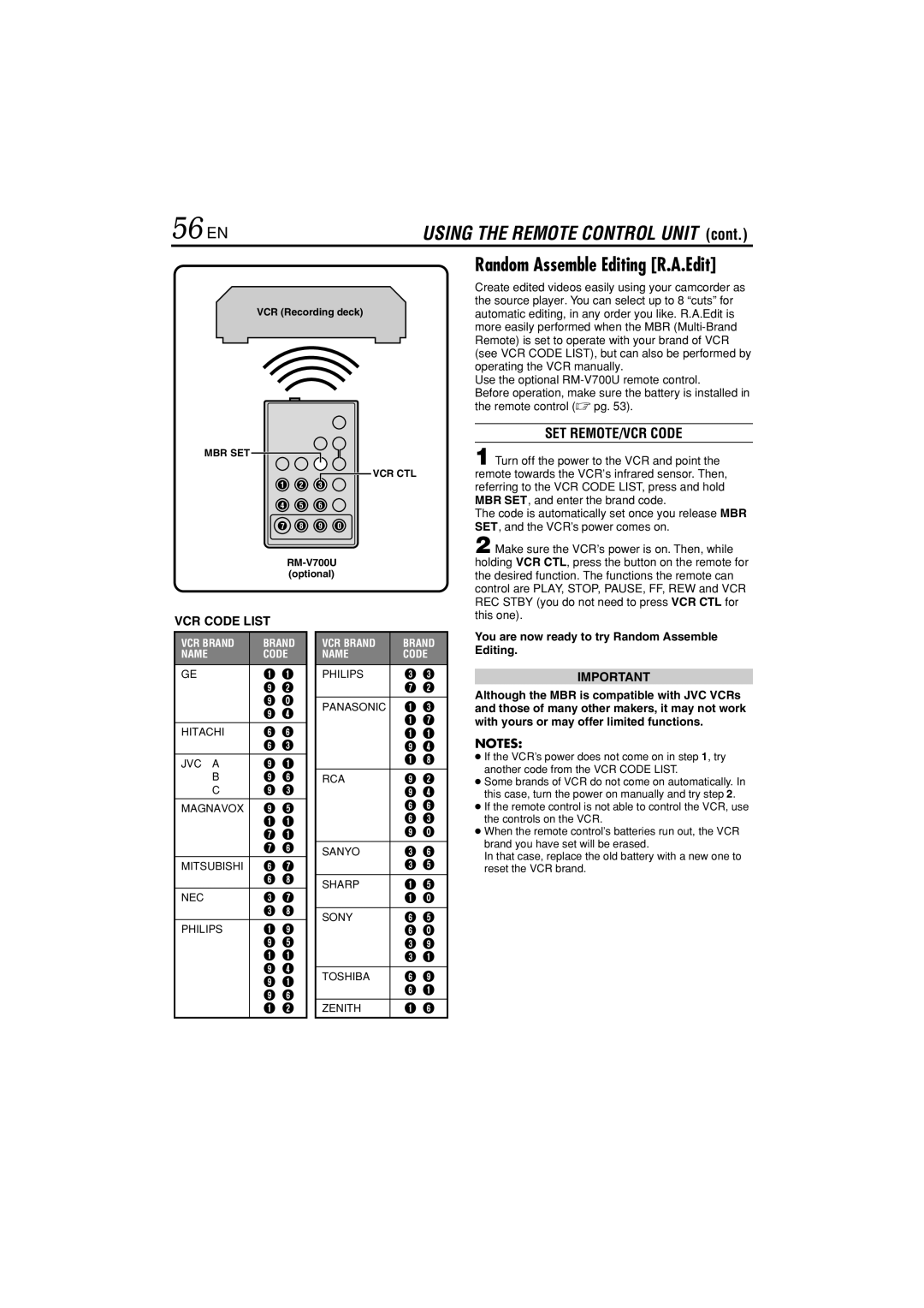 JVC GR-DVL822U specifications 56 EN, SET REMOTE/VCR Code, VCR Recording deck 