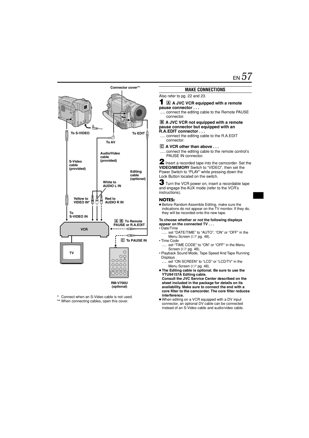 JVC GR-DVL822U specifications Make Connections, Also refer to pg, Connect the editing cable to the Remote Pause connector 