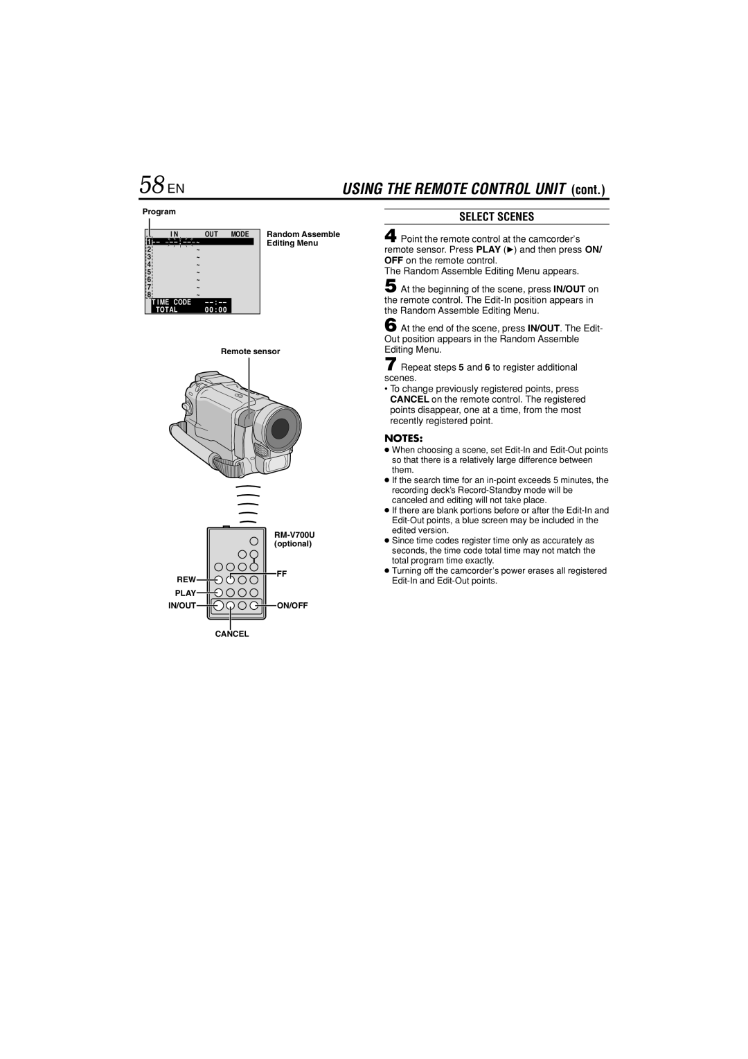 JVC GR-DVL822U specifications 58 EN, Select Scenes, Remote sensor RM-V700U optional 