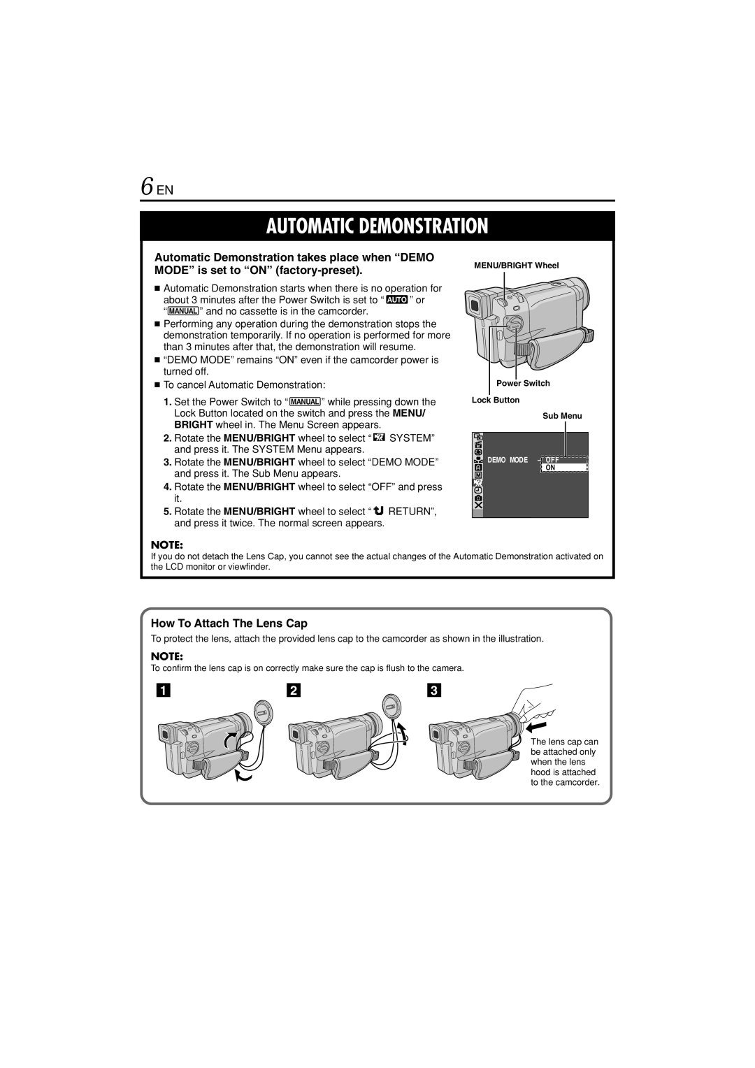 JVC GR-DVL822U How To Attach The Lens Cap, About 3 minutes after the Power Switch is set to, Set the Power Switch to 