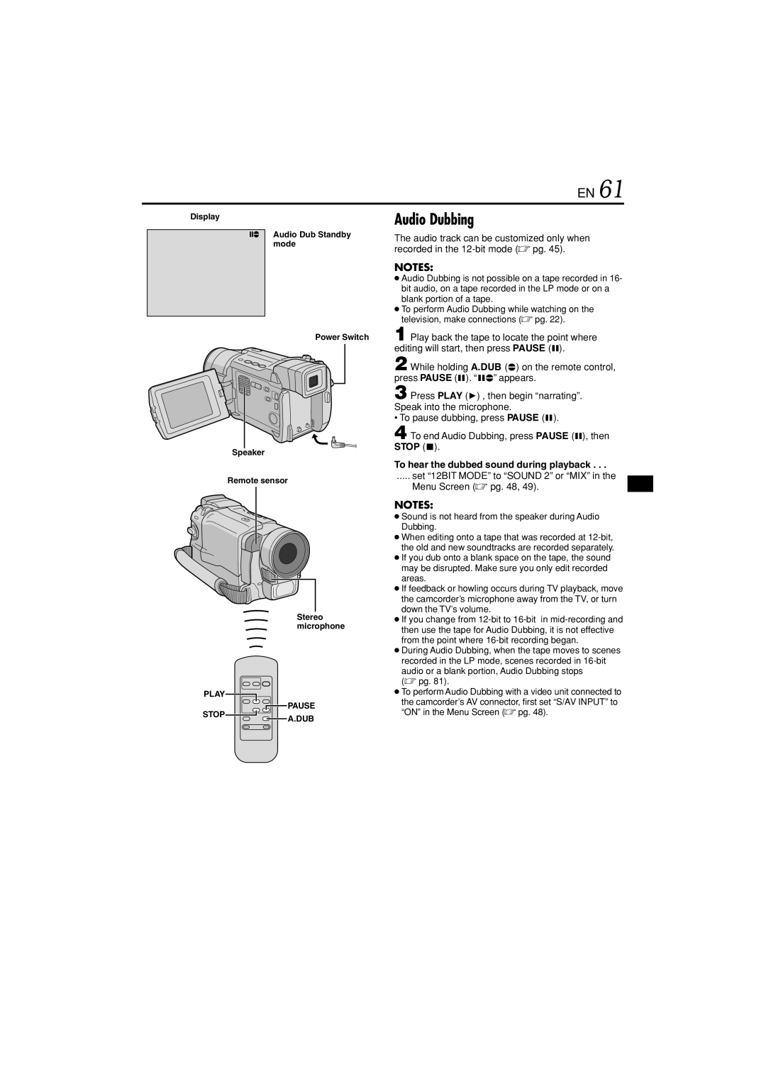 JVC GR-DVL822U Audio Dubbing, To hear the dubbed sound during playback, Set 12BIT Mode to Sound 2 or MIX Menu Screen  pg 