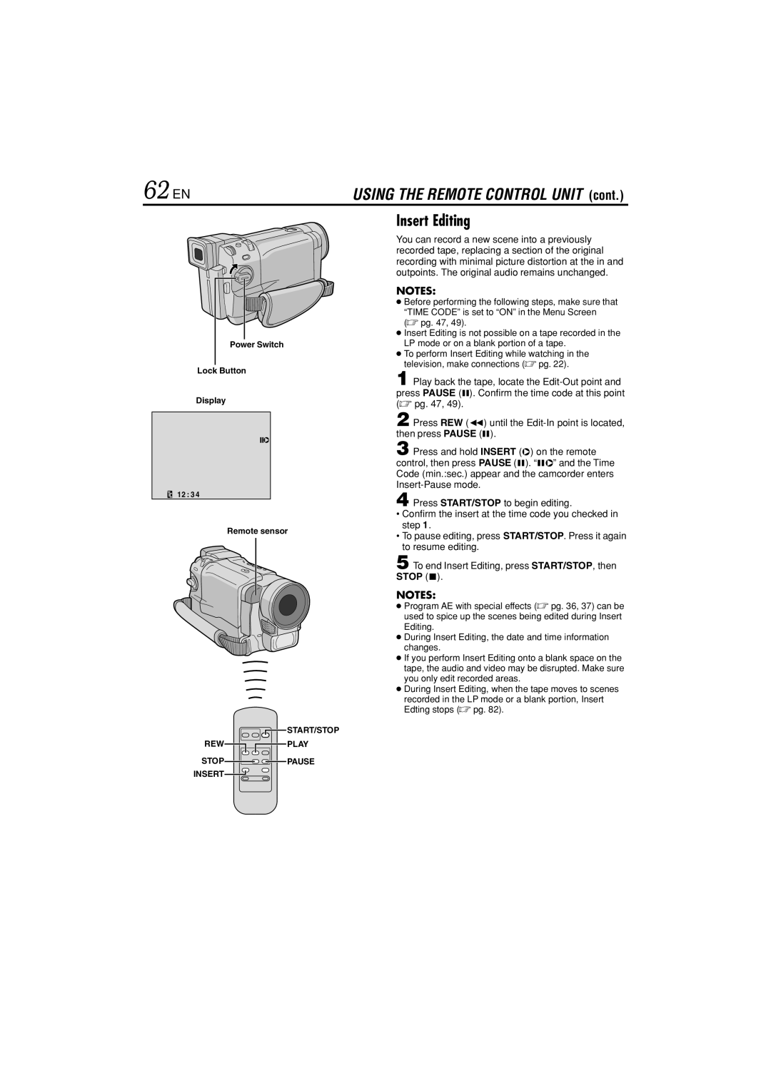 JVC GR-DVL822U specifications 62 EN, Insert Editing 