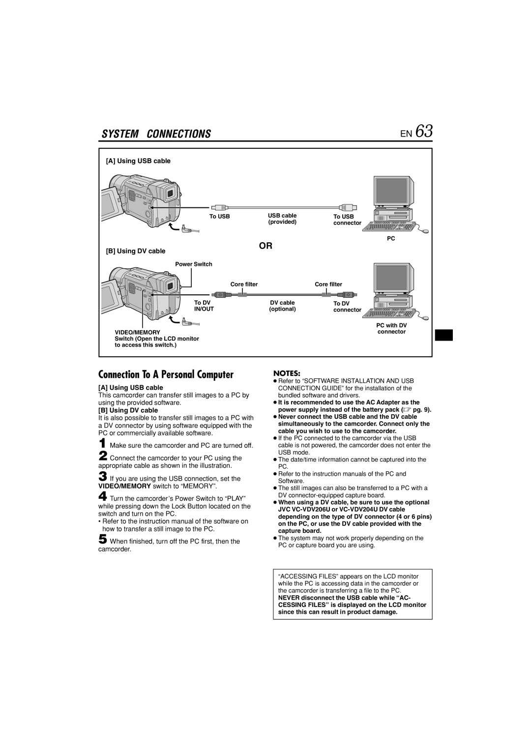 JVC GR-DVL822U specifications Using USB cable, Using DV cable, To USB, Power Switch Core filter To DV DV cable, Optional 