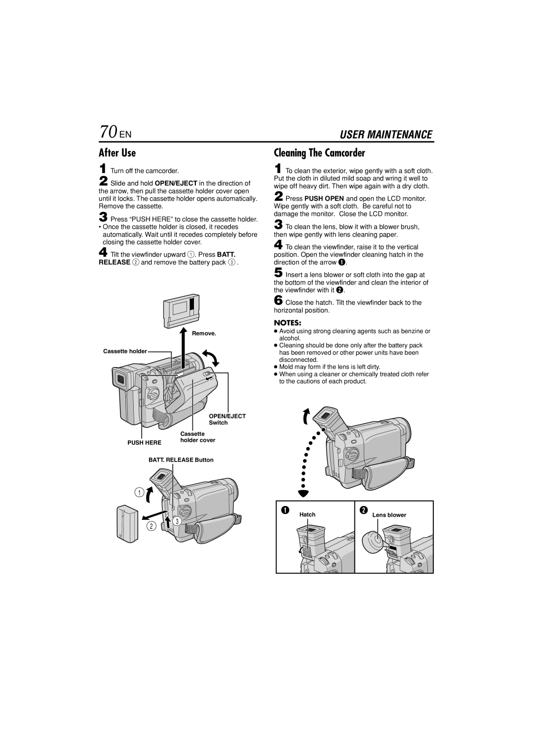 JVC GR-DVL822U specifications 70 EN, After Use, Cleaning The Camcorder 