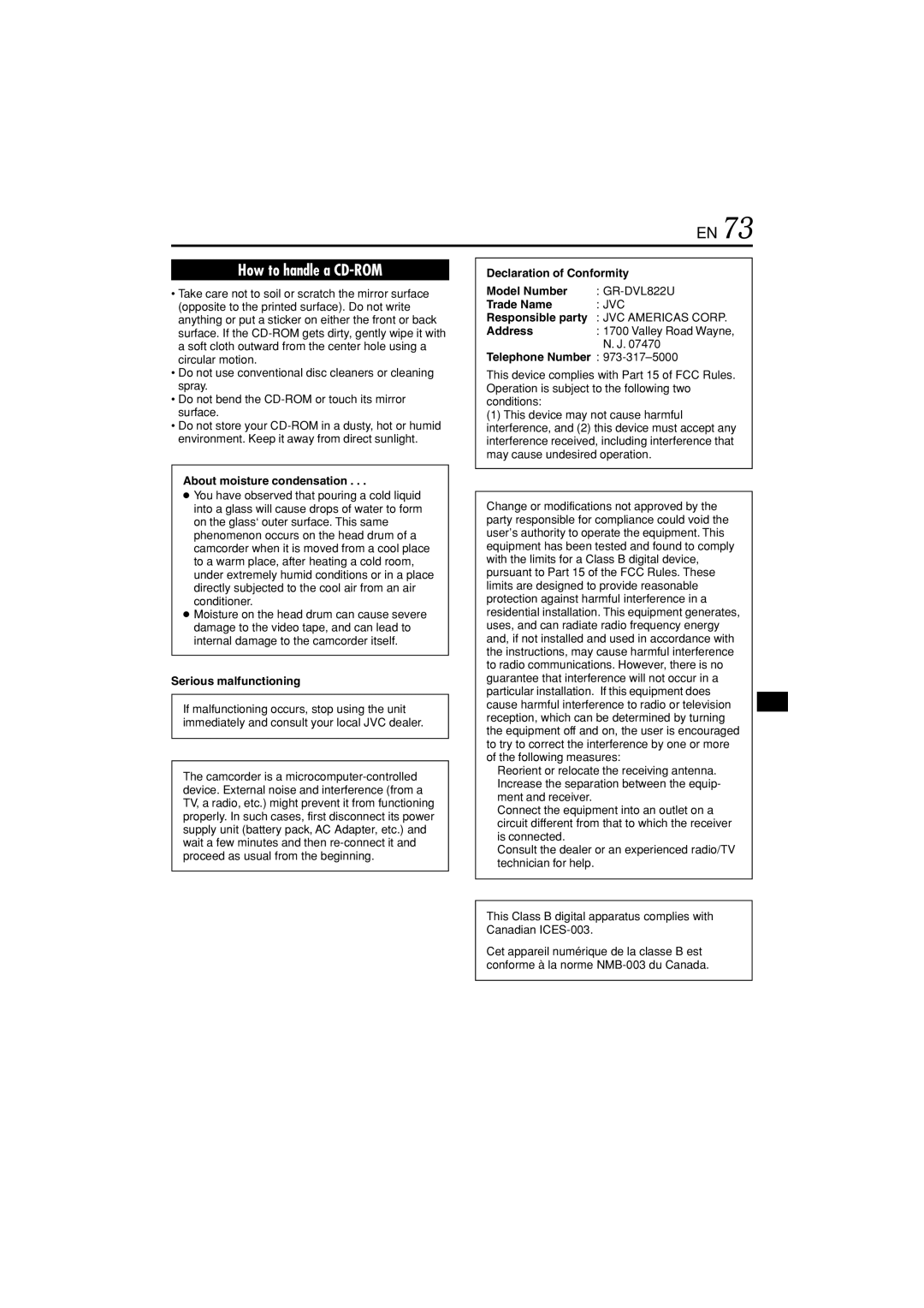 JVC GR-DVL822U About moisture condensation, Serious malfunctioning, Declaration of Conformity Model Number, Trade Name 