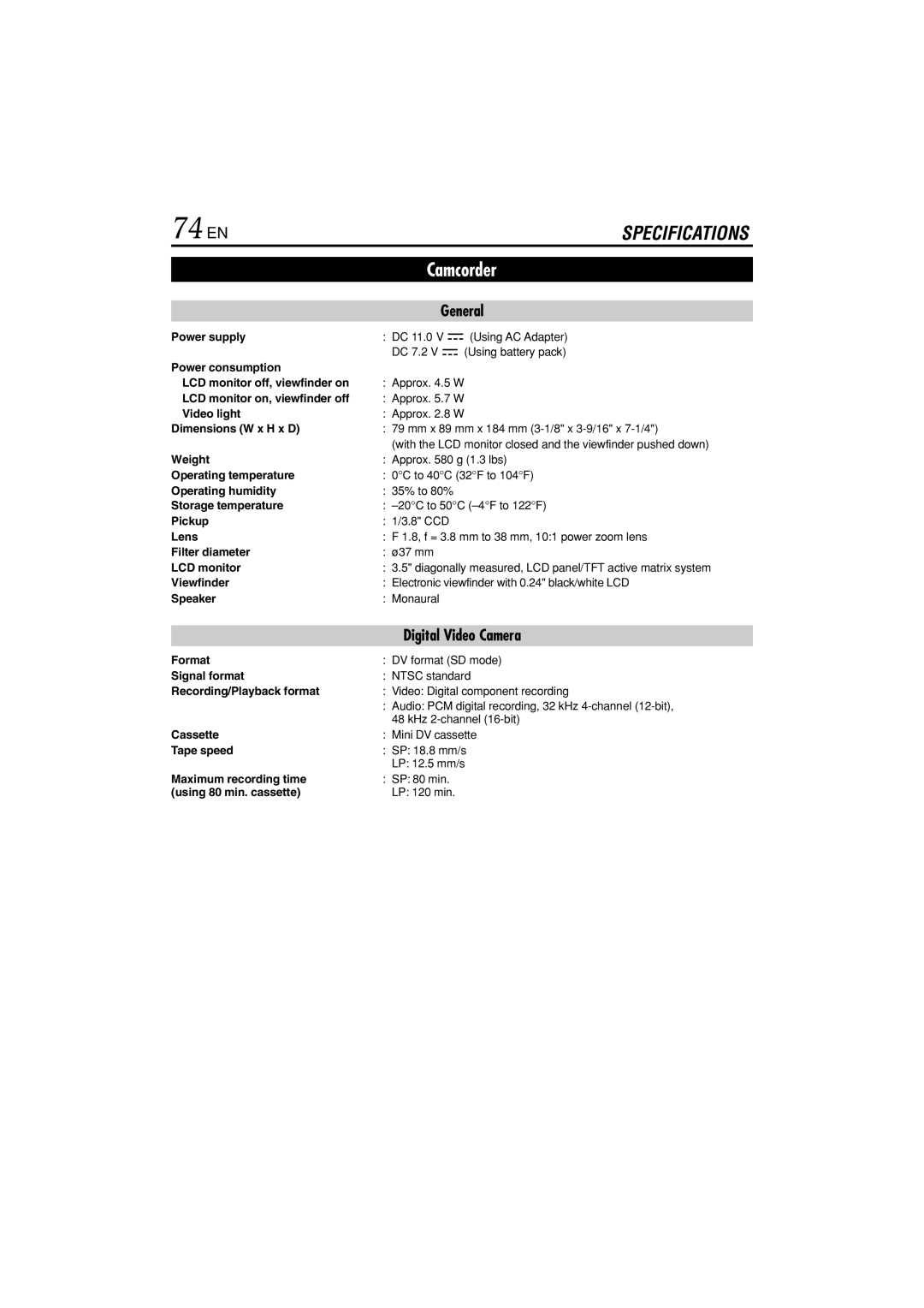 JVC GR-DVL822U specifications 74 EN 