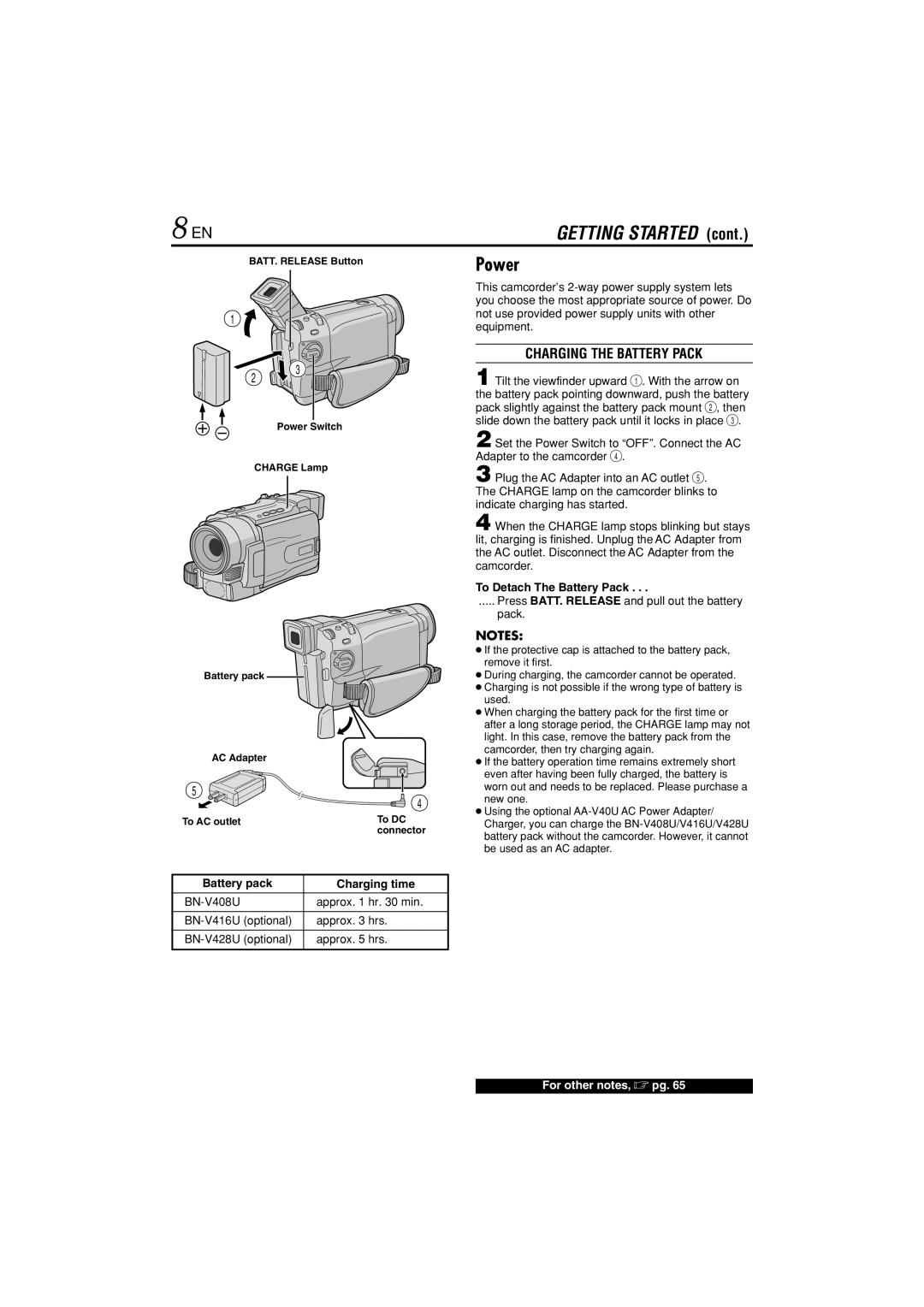 JVC GR-DVL822U specifications Power, Charging the Battery Pack, Battery pack Charging time, To Detach The Battery Pack 