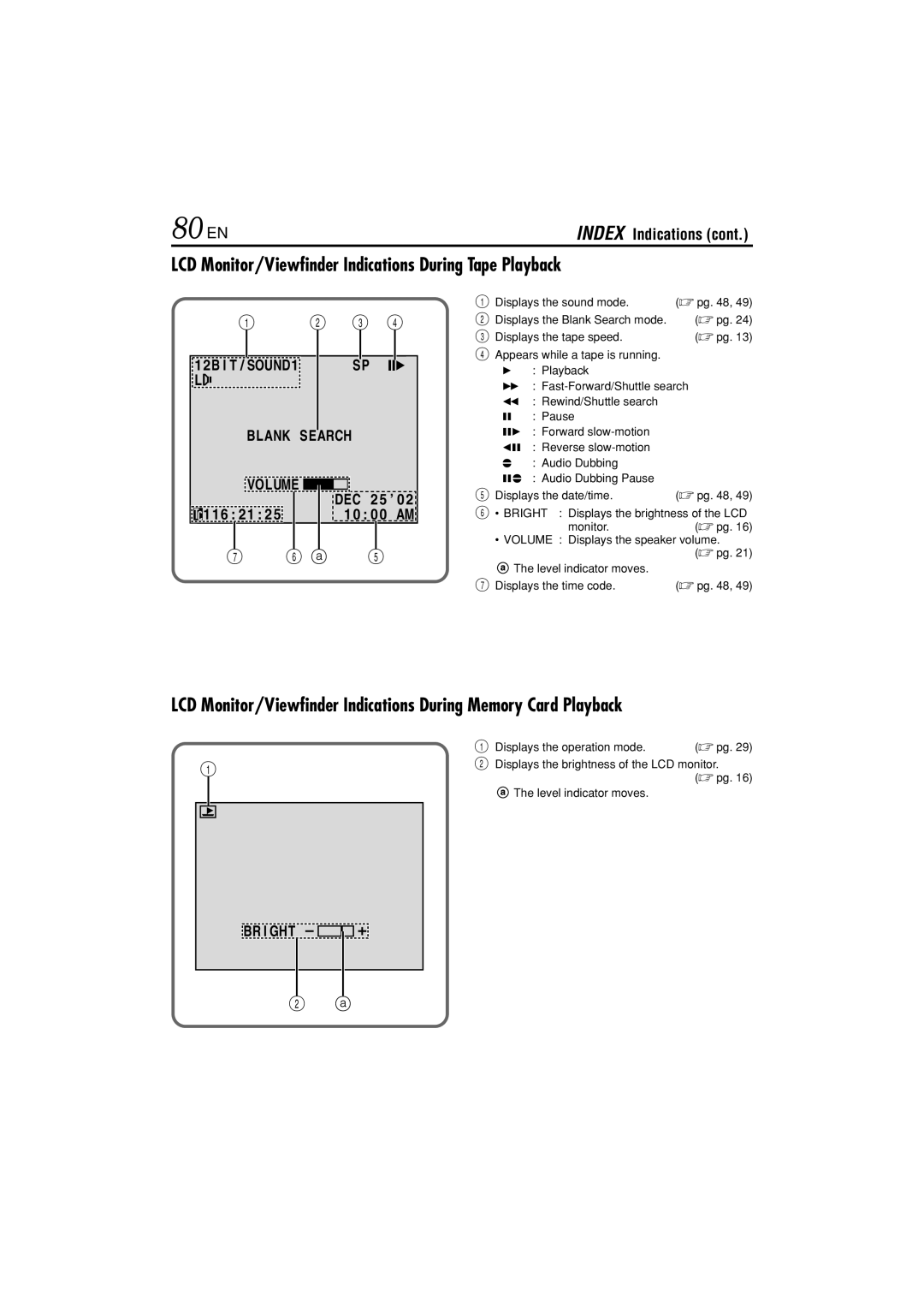 JVC GR-DVL822U specifications 80 EN, LCD Monitor/Viewfinder Indications During Tape Playback, Blank Search 