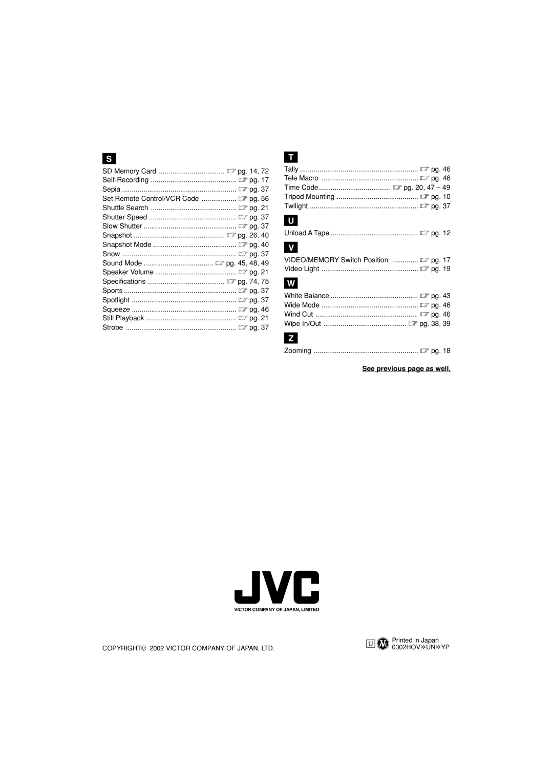 JVC GR-DVL822U specifications Unload a Tape, White Balance, See previous page as well 