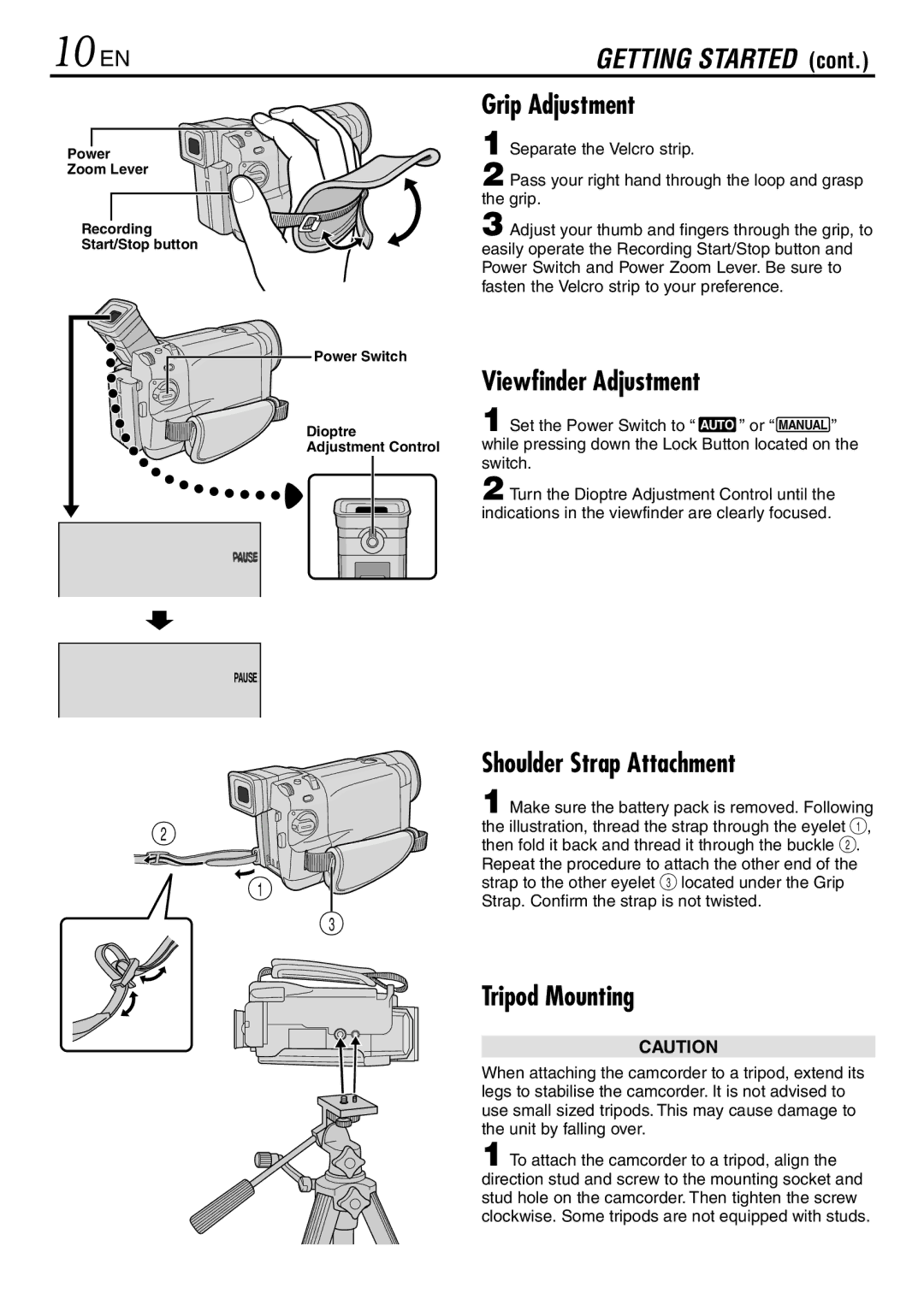 JVC GR-DVL567, GR-DVL865 10 EN, Grip Adjustment, Viewfinder Adjustment, Shoulder Strap Attachment, Tripod Mounting 