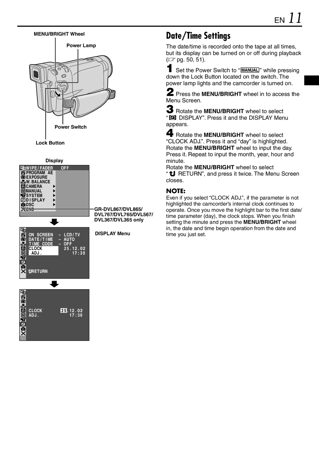 JVC GR-DVL867, GR-DVL865, GR-DVL567 Date/Time Settings, MENU/BRIGHT Wheel Power Lamp, Lock Button Display, Display Menu 