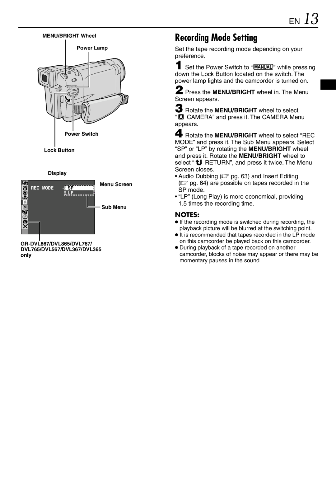 JVC GR-DVL567, GR-DVL865 Recording Mode Setting, Set the tape recording mode depending on your preference, SP mode 