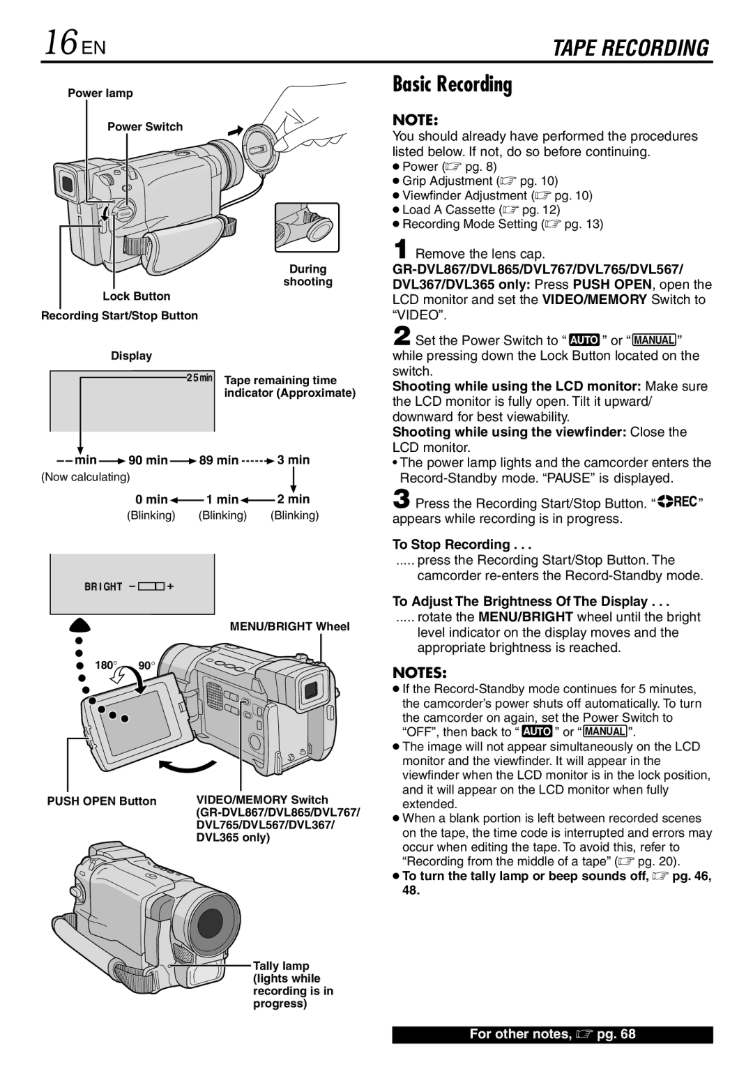 JVC GR-DVL567 16 EN, Basic Recording, Remove the lens cap, To Stop Recording, To Adjust The Brightness Of The Display 