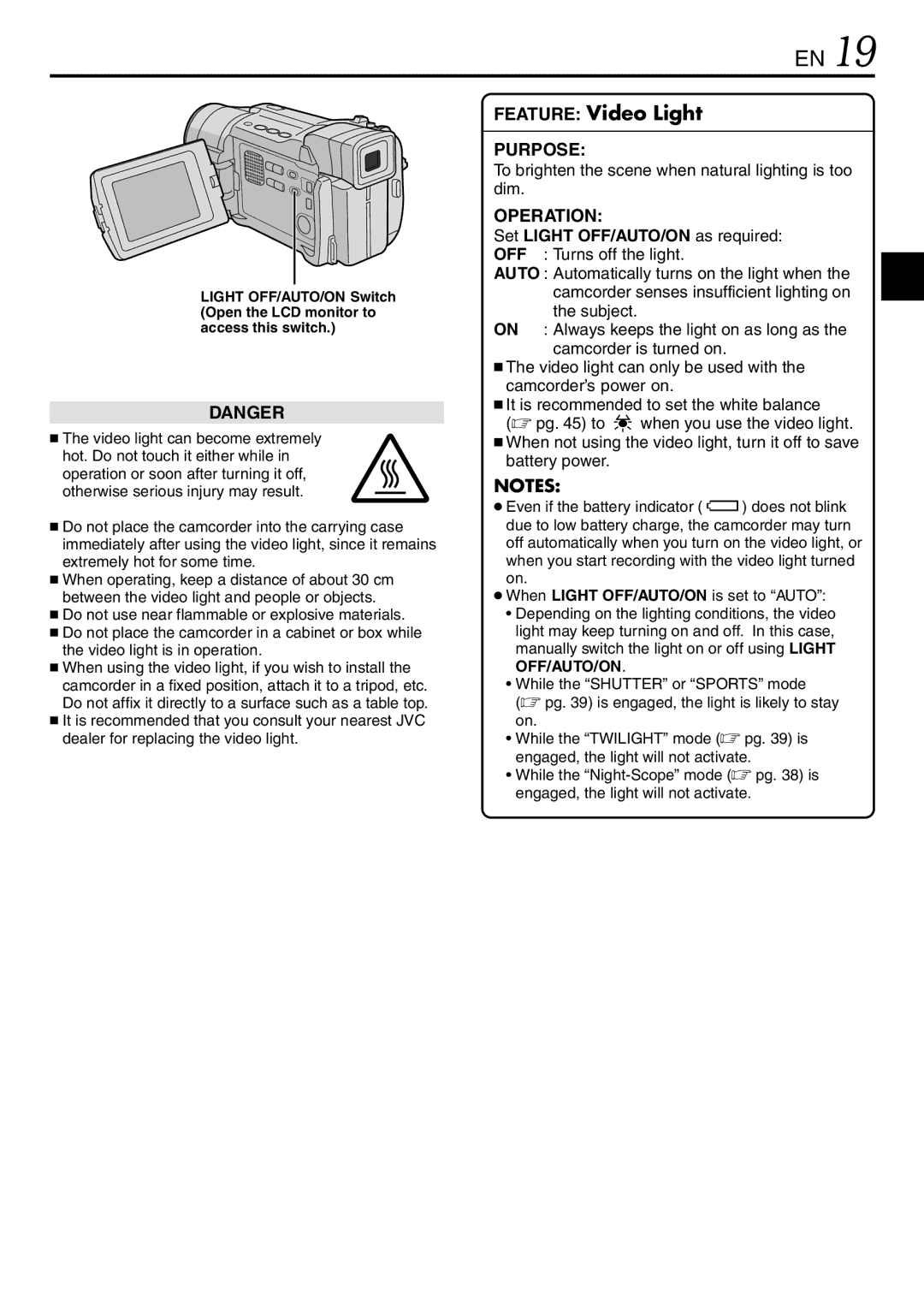 JVC GR-DVL567, GR-DVL865, GR-DVL867 specifications To brighten the scene when natural lighting is too dim 