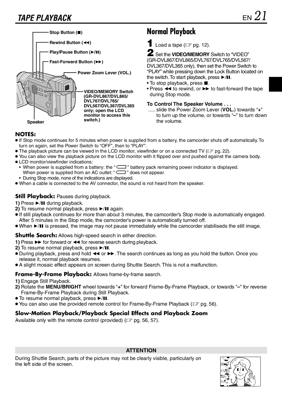 JVC GR-DVL865, GR-DVL567, GR-DVL867 specifications Normal Playback, To Control The Speaker Volume, Speakerswitch 