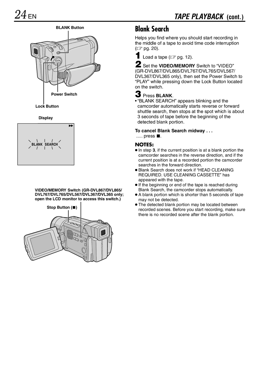 JVC GR-DVL865, GR-DVL567, GR-DVL867 specifications 24 EN, To cancel Blank Search midway, Press 