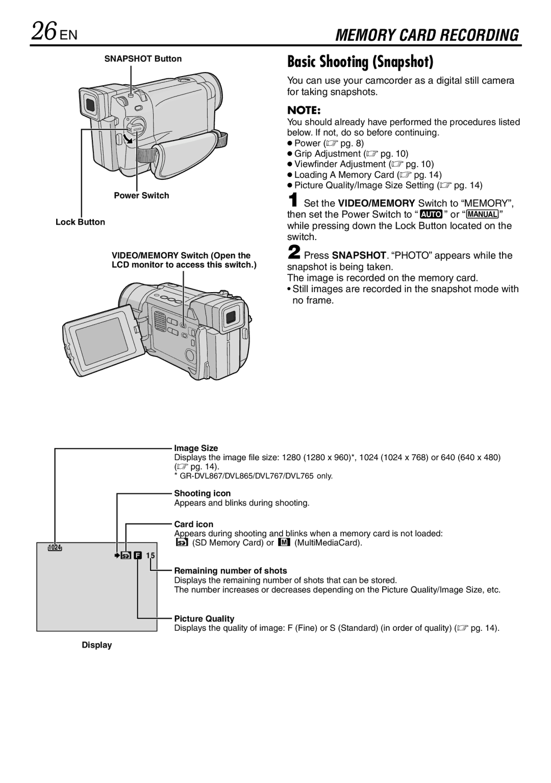 JVC GR-DVL867, GR-DVL865, GR-DVL567 specifications 26 EN, Basic Shooting Snapshot 