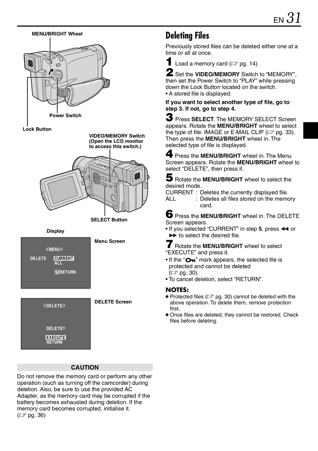 JVC GR-DVL567, GR-DVL865, GR-DVL867 specifications Deleting Files, Delete Screen 