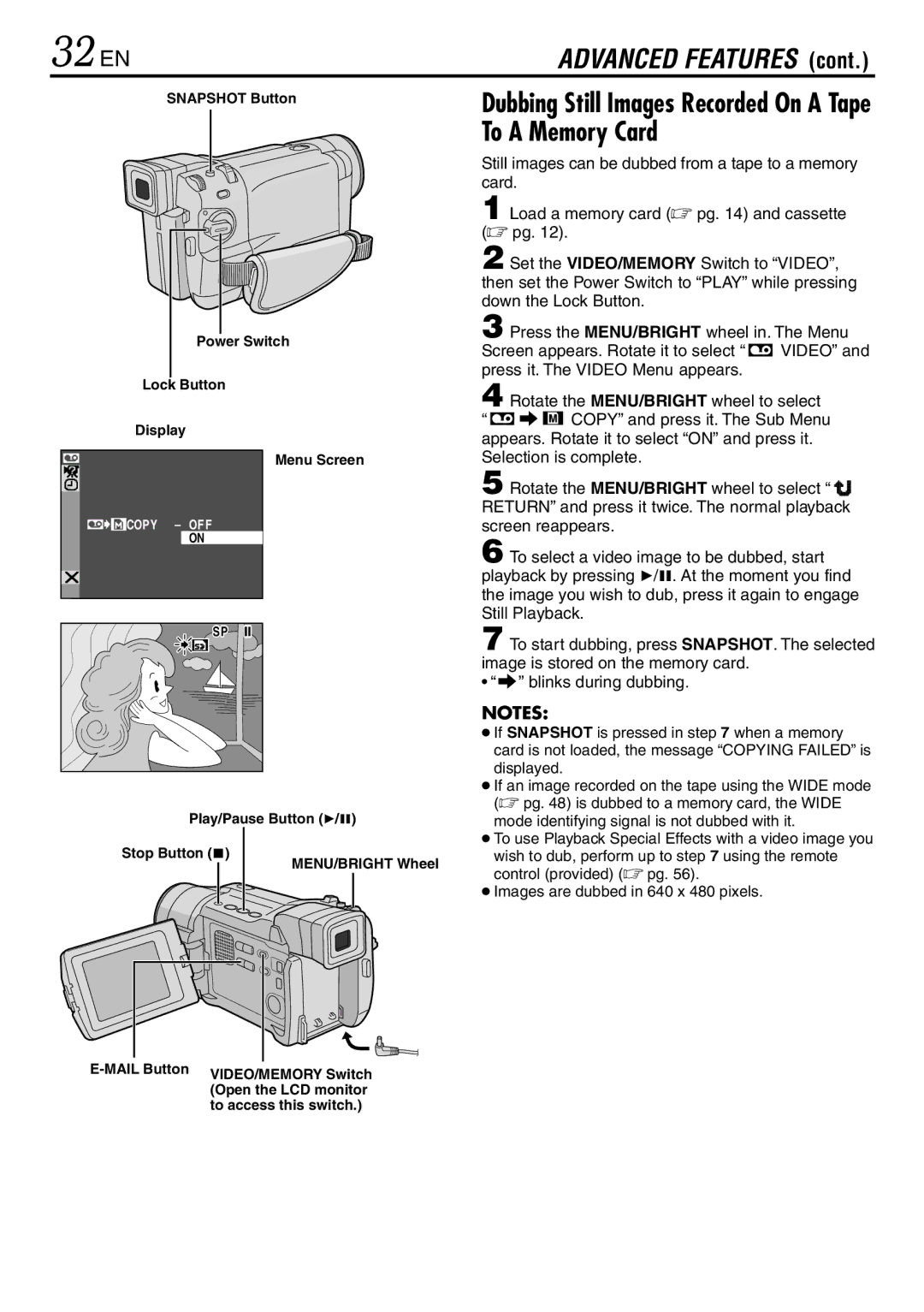 JVC GR-DVL867, GR-DVL865 32 EN, Dubbing Still Images Recorded On a Tape To a Memory Card, Lock Button Display Menu Screen 