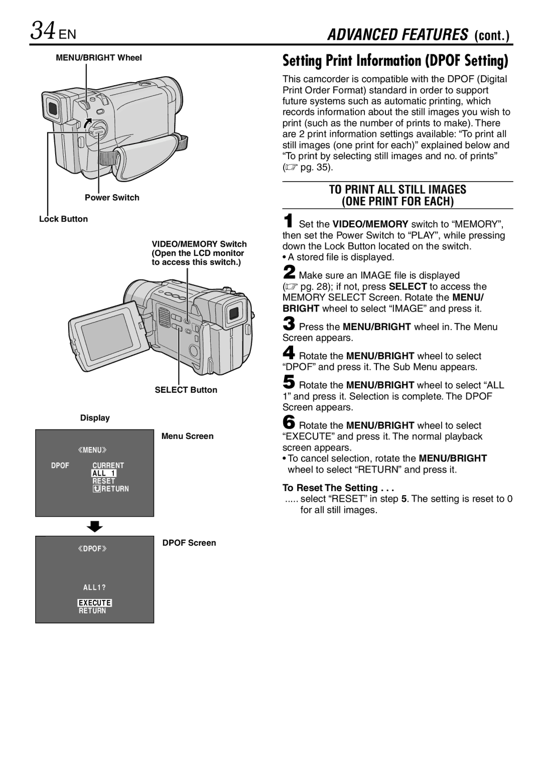 JVC GR-DVL567 34 EN, To Print ALL Still Images ONE Print for Each, Press the MENU/BRIGHT wheel in. The Menu Screen appears 