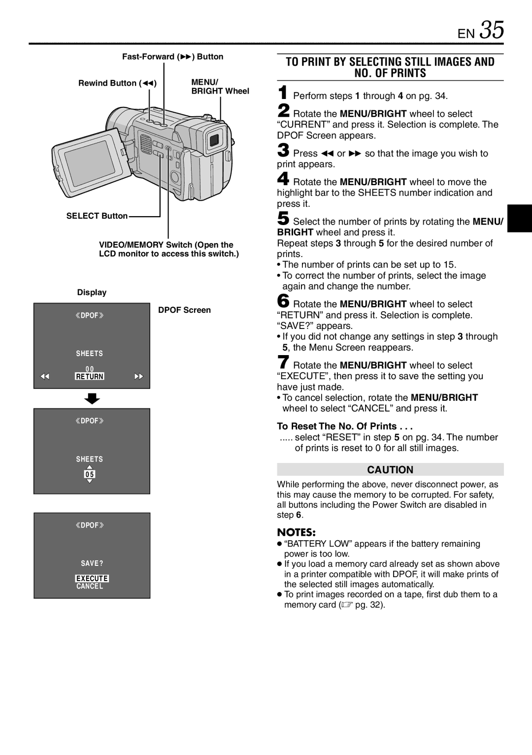 JVC GR-DVL867, GR-DVL865, GR-DVL567 To Print by Selecting Still Images NO. of Prints, To Reset The No. Of Prints 