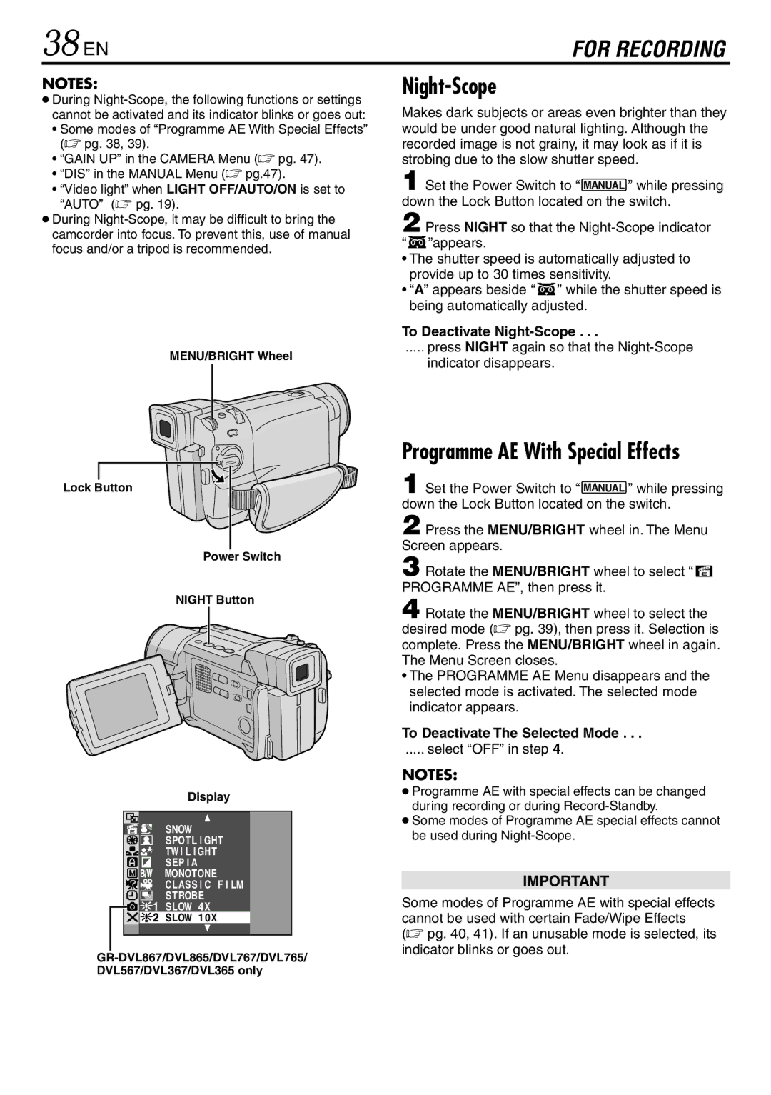 JVC GR-DVL867, GR-DVL865, GR-DVL567 specifications 38 EN, To Deactivate Night-Scope, To Deactivate The Selected Mode 