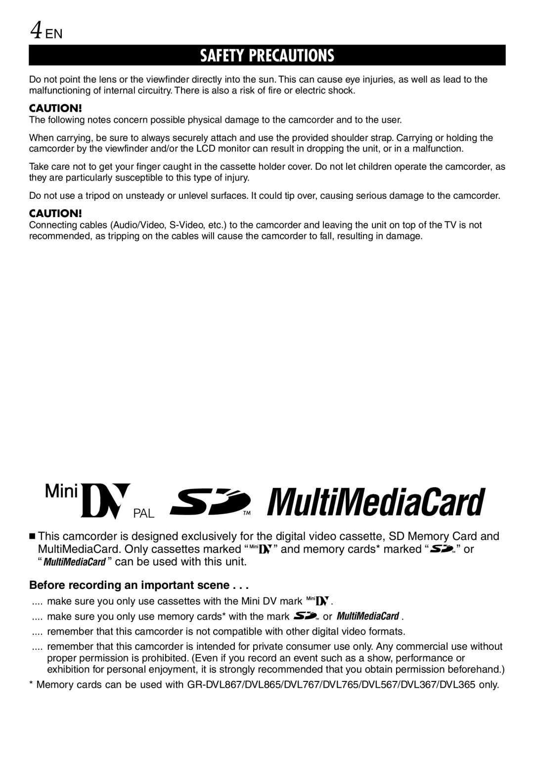 JVC GR-DVL567, GR-DVL865, GR-DVL867 specifications Before recording an important scene 