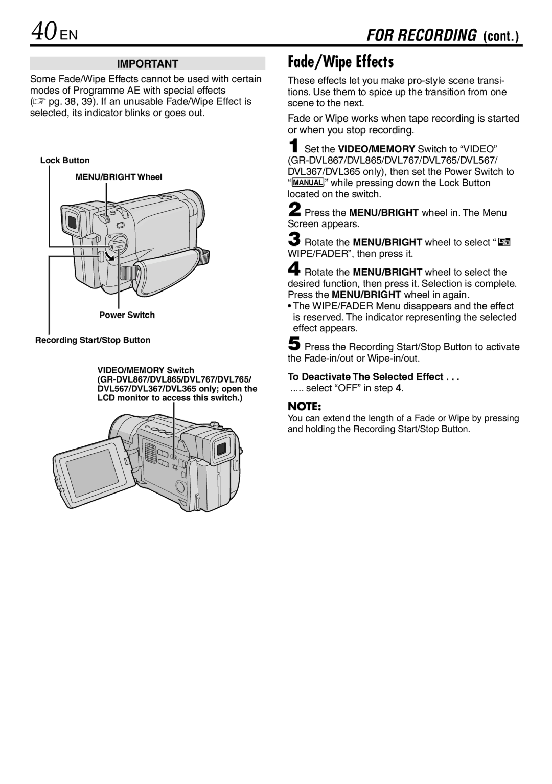 JVC GR-DVL567 40 EN, Fade/Wipe Effects, To Deactivate The Selected Effect, Power Switch Recording Start/Stop Button 