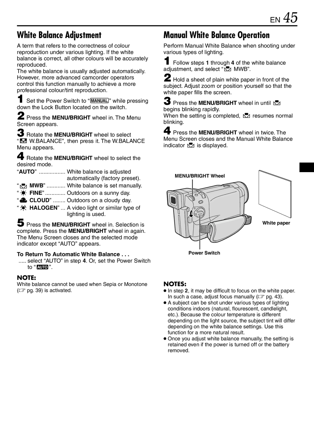 JVC GR-DVL865, GR-DVL567 White Balance Adjustment, Manual White Balance Operation, To Return To Automatic White Balance 