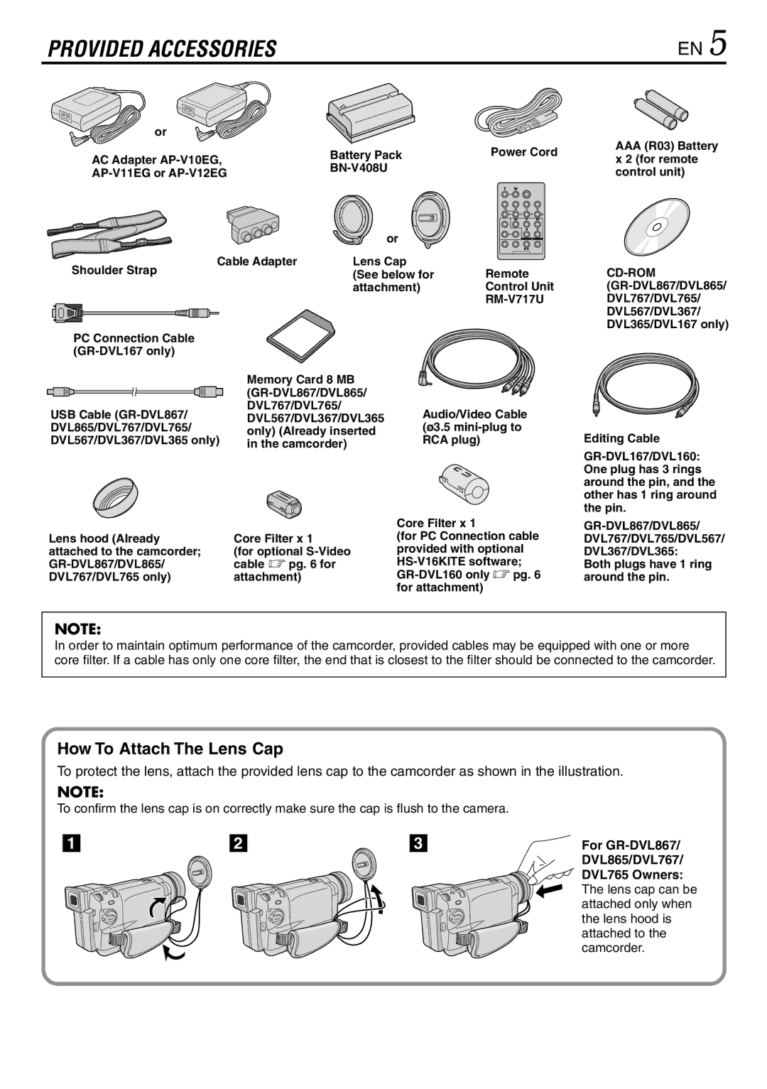 JVC GR-DVL867, GR-DVL865, GR-DVL567 specifications How To Attach The Lens Cap 