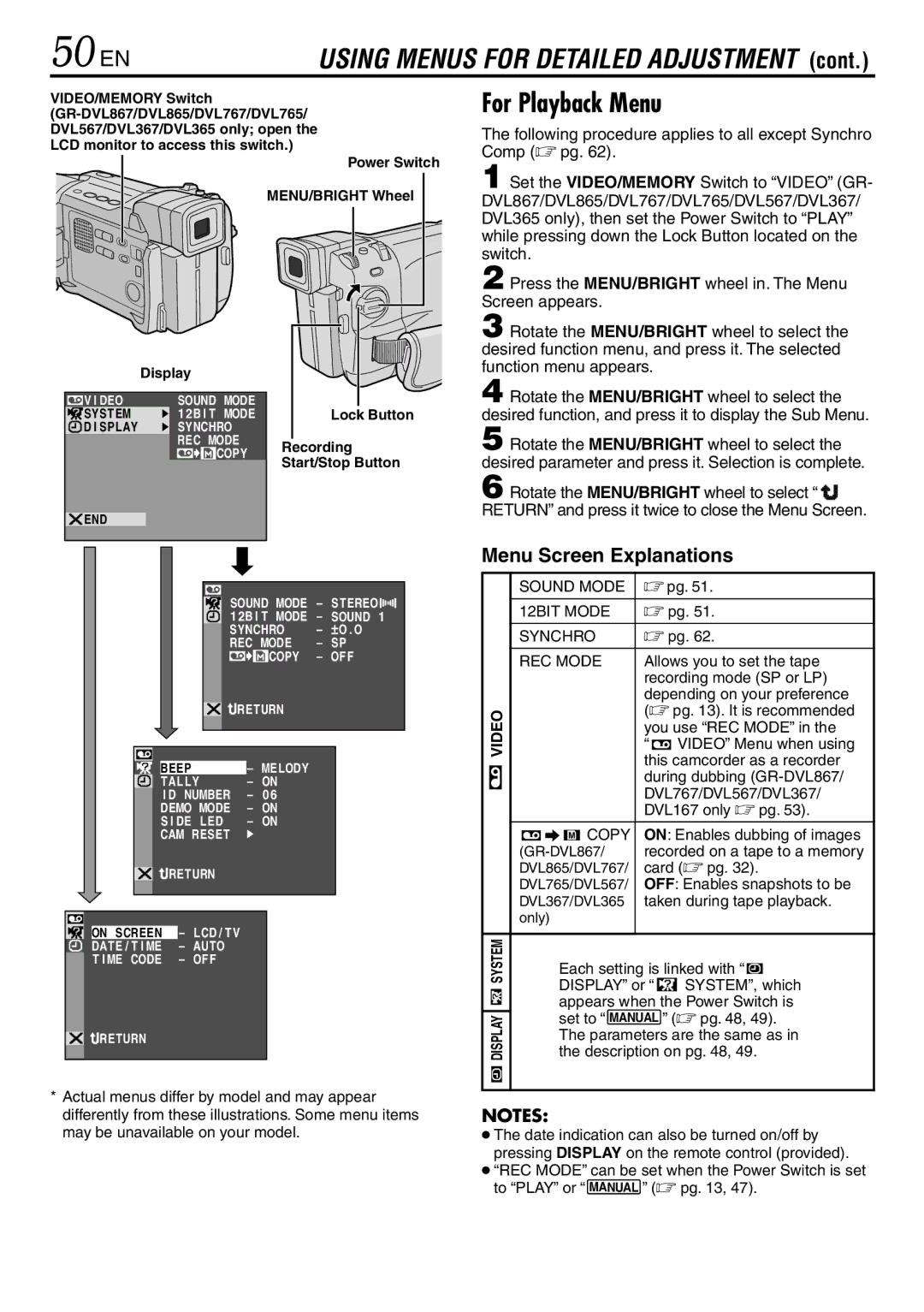 JVC GR-DVL867, GR-DVL865, GR-DVL567 50 EN, For Playback Menu, Following procedure applies to all except Synchro Comp  pg 