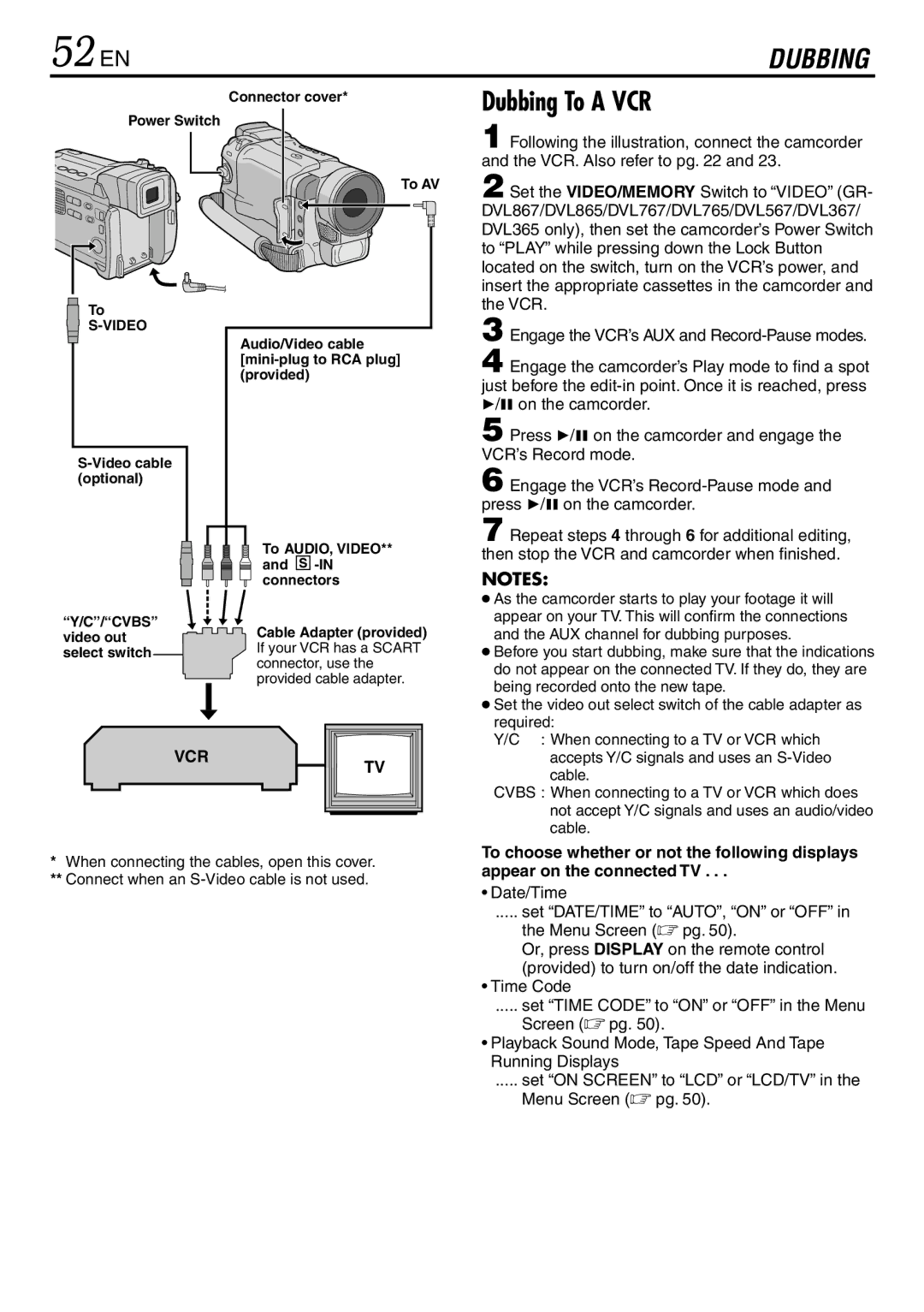 JVC GR-DVL567, GR-DVL865, GR-DVL867 specifications 52 EN, Dubbing To a VCR 