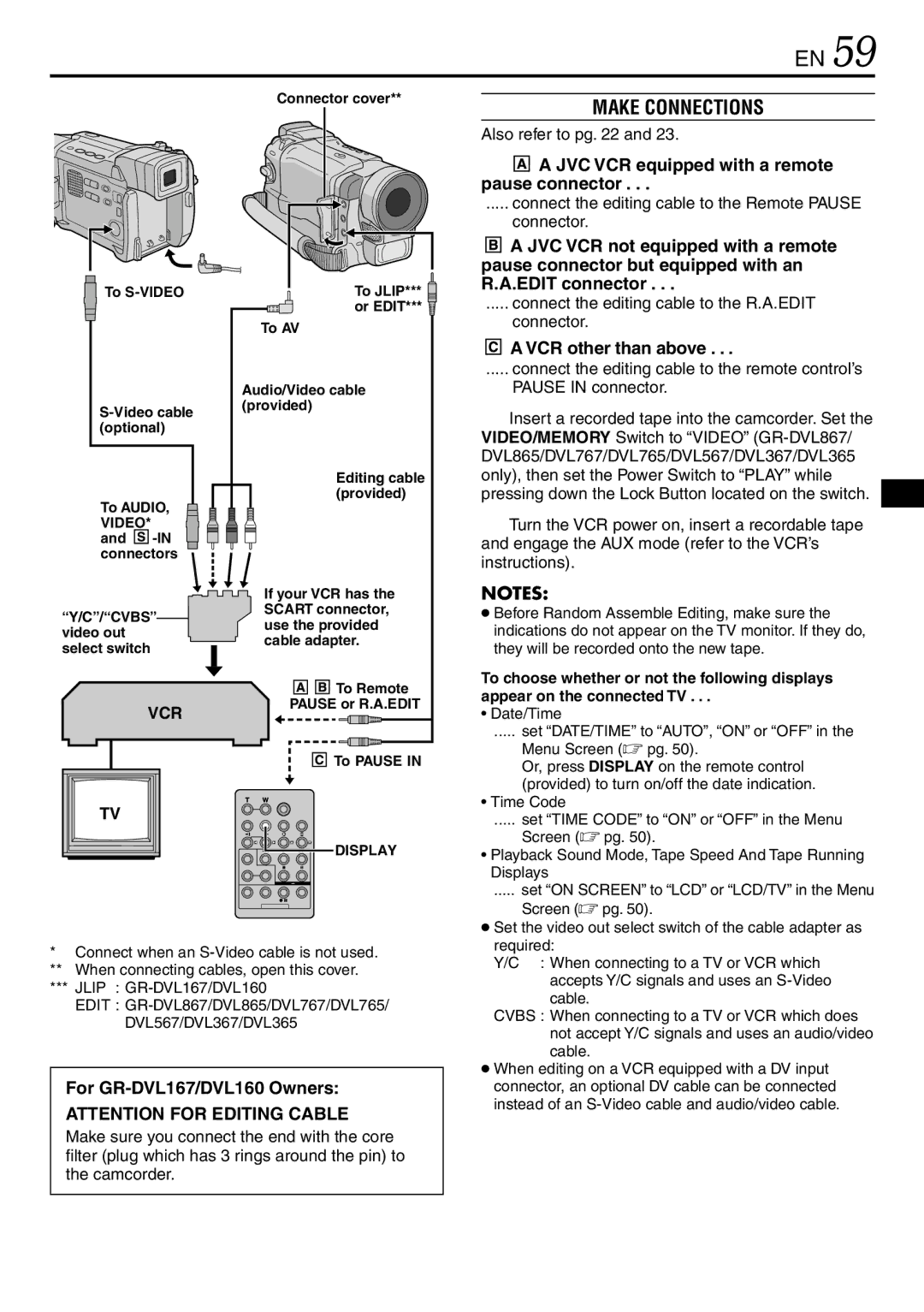 JVC GR-DVL867, GR-DVL865 Make Connections, Also refer to pg, Connect the editing cable to the Remote Pause connector 