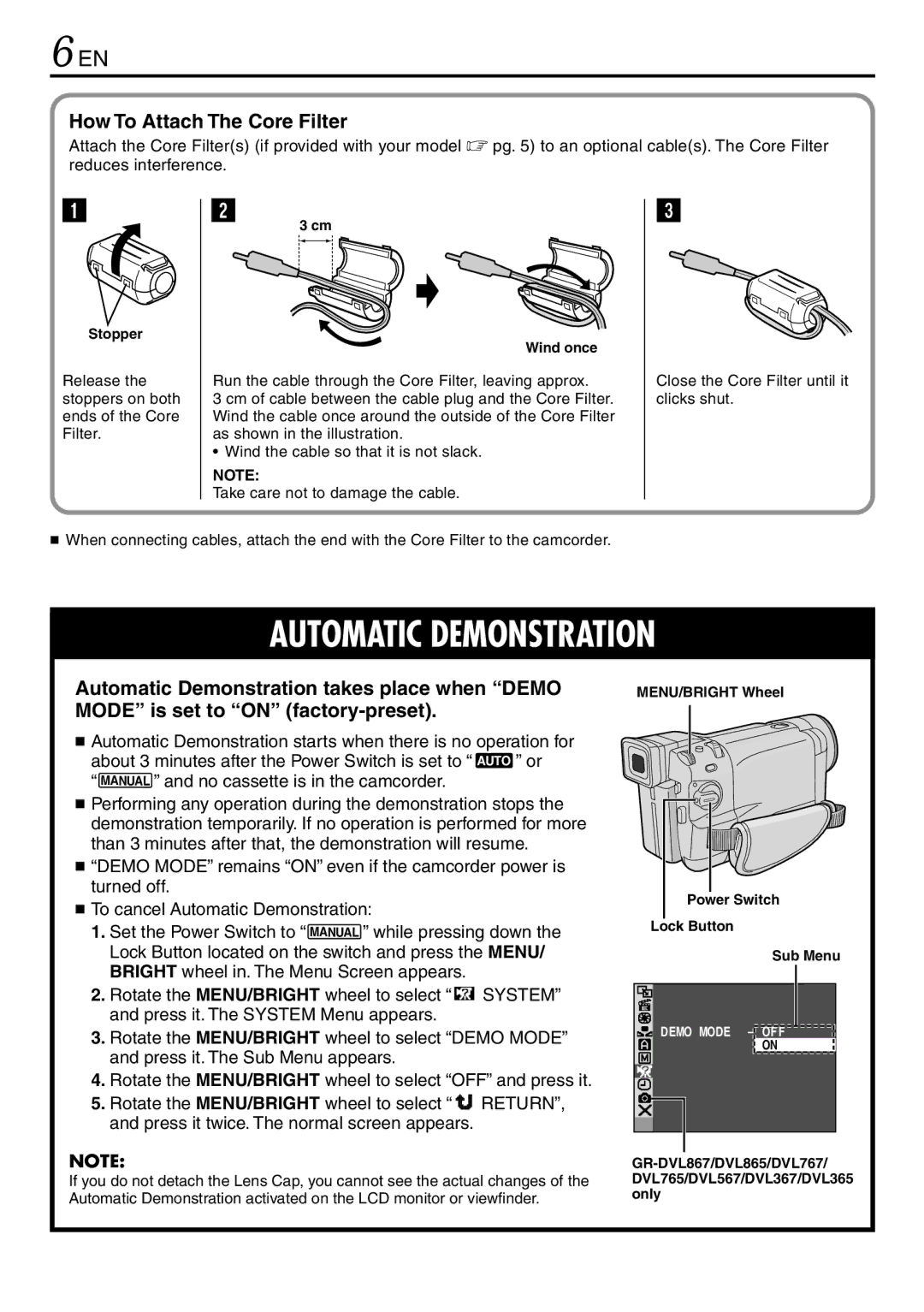 JVC GR-DVL865, GR-DVL567, GR-DVL867 How To Attach The Core Filter, Set the Power Switch to, While pressing down 