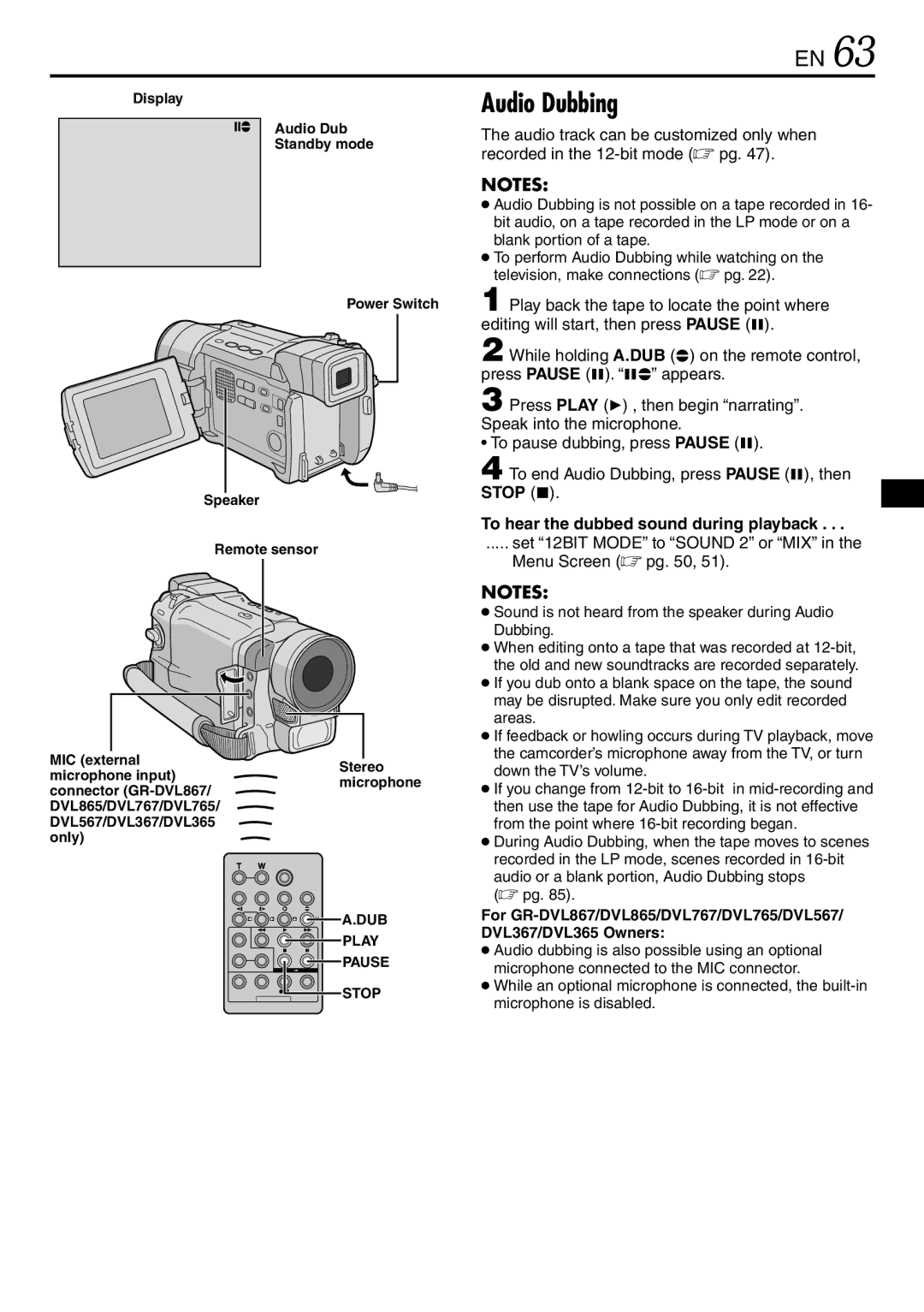 JVC GR-DVL865 Audio Dubbing, To hear the dubbed sound during playback, Set 12BIT Mode to Sound 2 or MIX Menu Screen  pg 