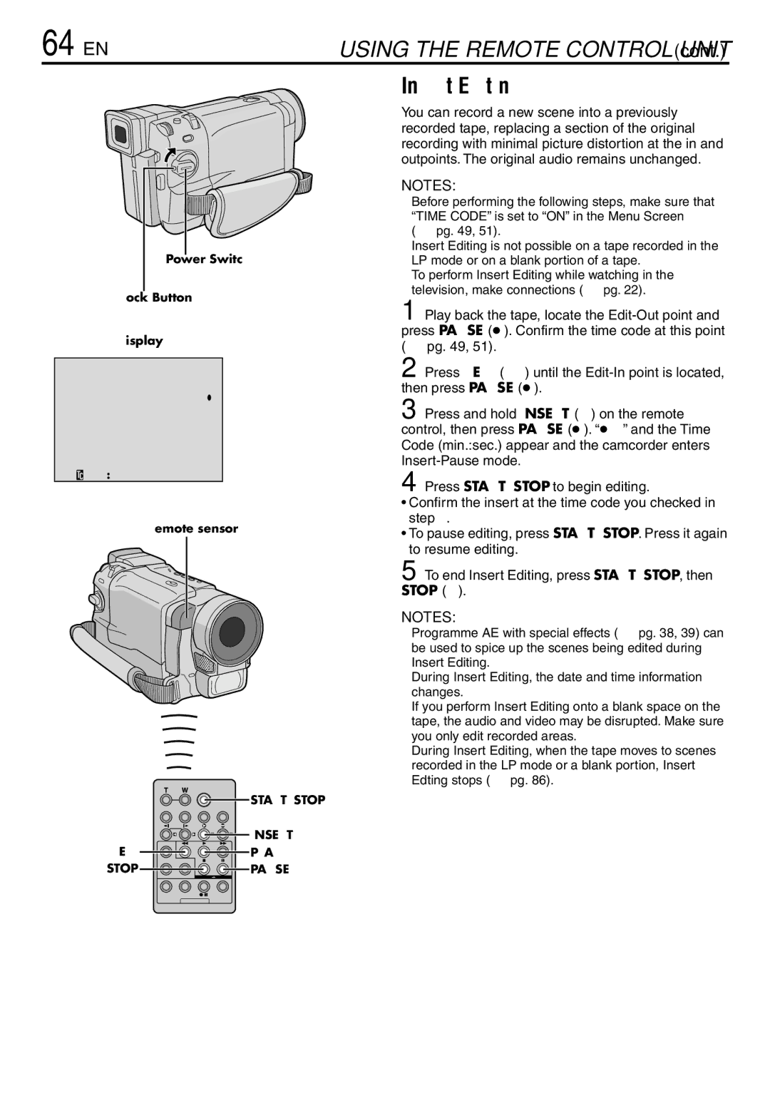 JVC GR-DVL567, GR-DVL865, GR-DVL867 specifications 64 EN, Insert Editing 