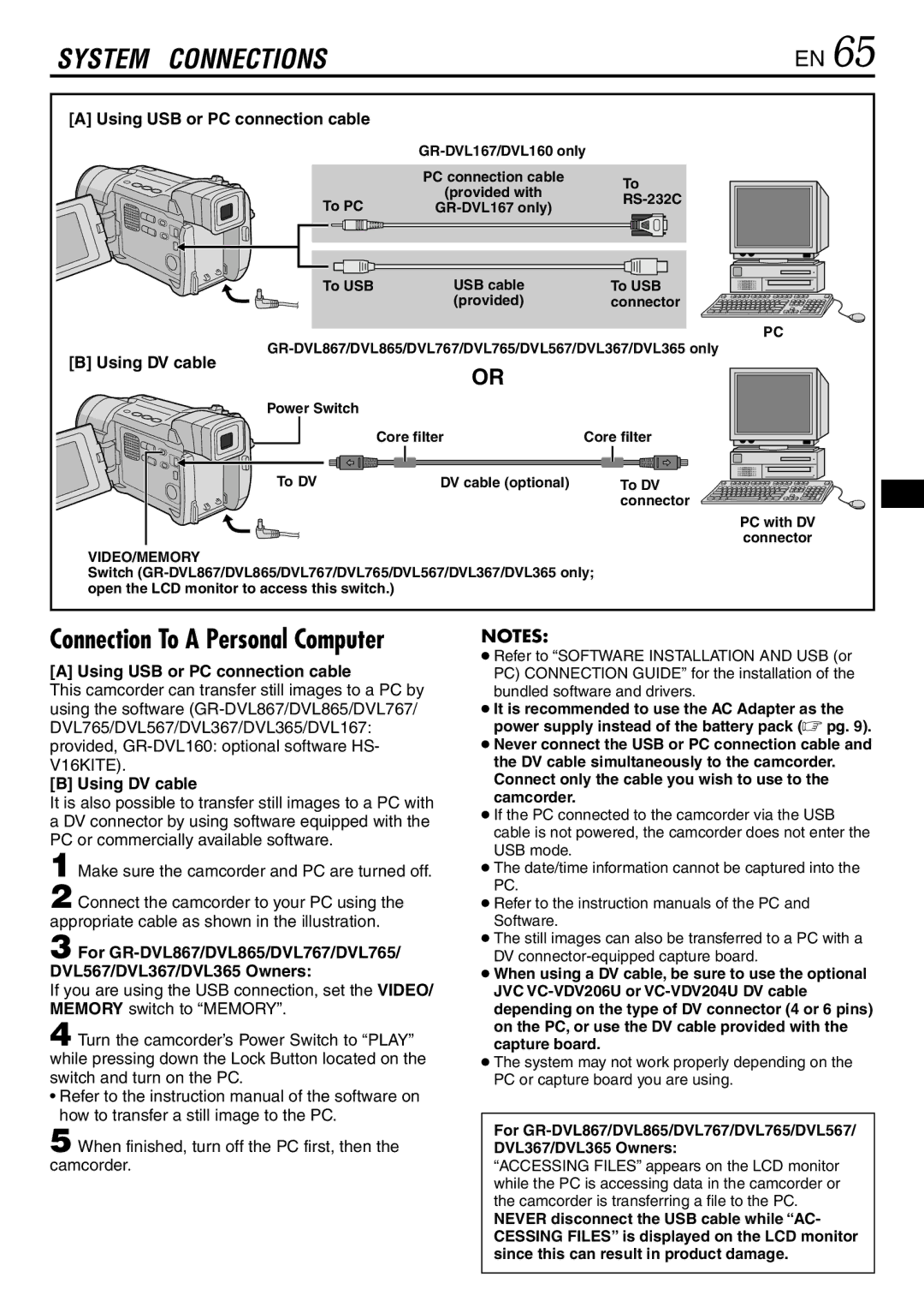 JVC GR-DVL867, GR-DVL865, GR-DVL567 specifications Using USB or PC connection cable, Using DV cable 