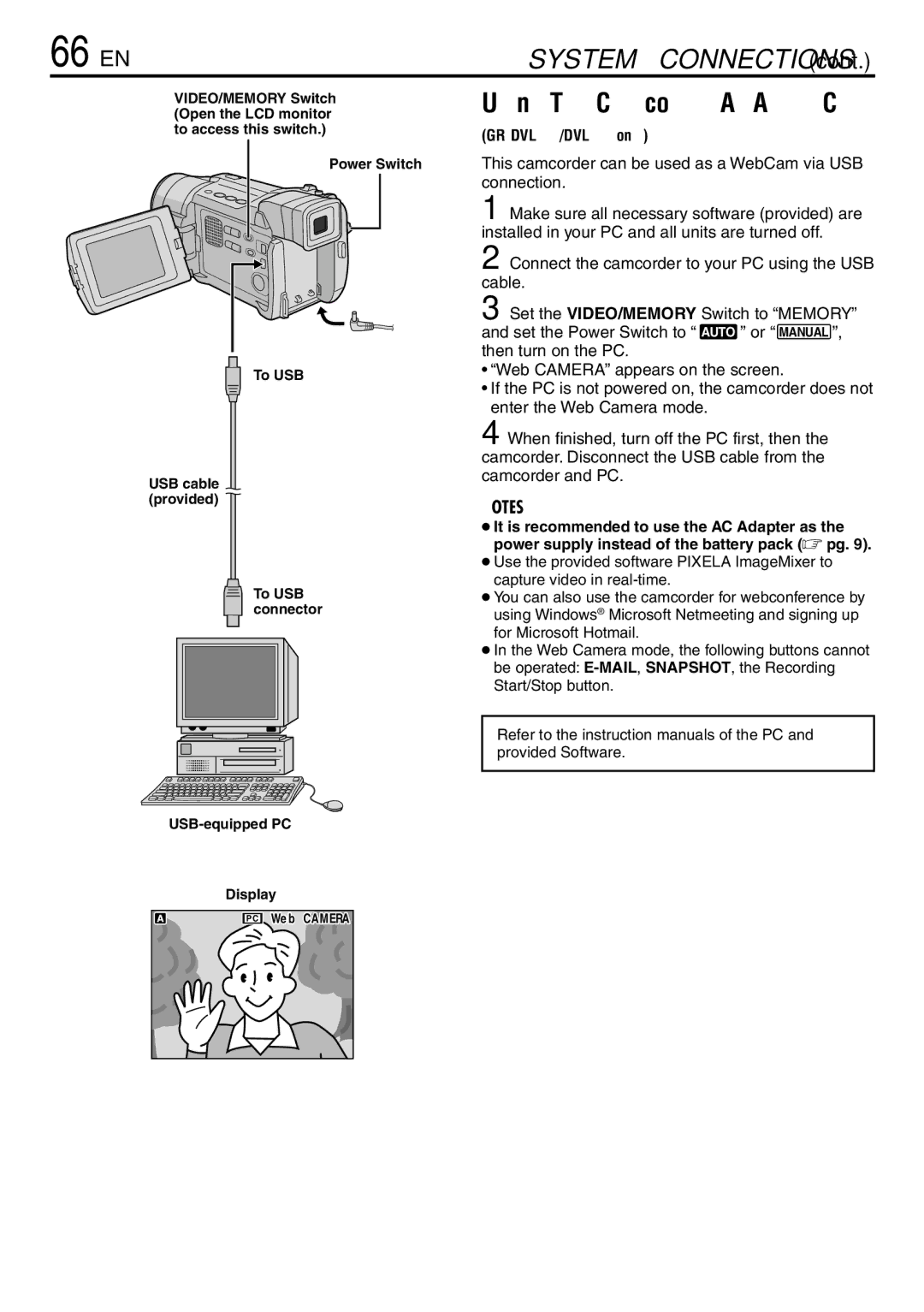 JVC GR-DVL865, GR-DVL567, GR-DVL867 specifications 66 EN, This camcorder can be used as a WebCam via USB connection 