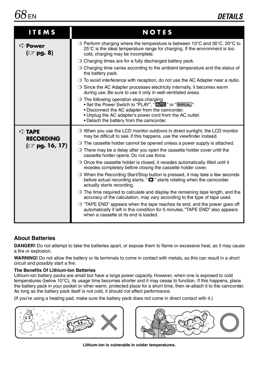 JVC GR-DVL867 68 EN, About Batteries, Benefits Of Lithium-Ion Batteries, Lithium-ion is vulnerable in colder temperatures 